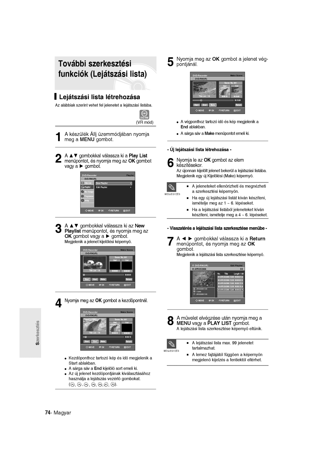 Samsung DVD-R135/XEH, DVD-R135/XEB manual További szerkesztési funkciók Lejátszási lista, Lejátszási lista létrehozása 