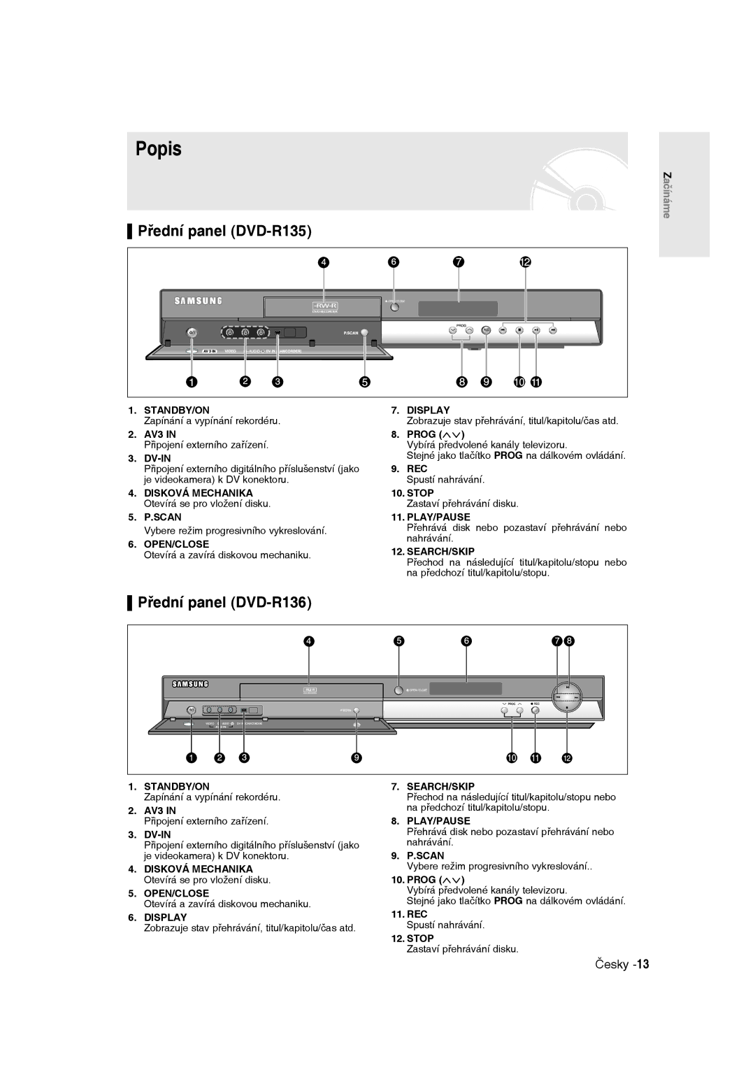 Samsung DVD-R135/EUR, DVD-R135/XEB, DVD-R135/XEH manual Popis, Disková Mechanika Otevírá se pro vložení disku 