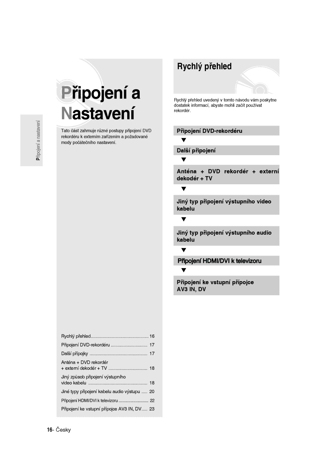 Samsung DVD-R135/EUR, DVD-R135/XEB, DVD-R135/XEH manual Připojení a, Nastavení, Rychlý přehled, 16- Česky 