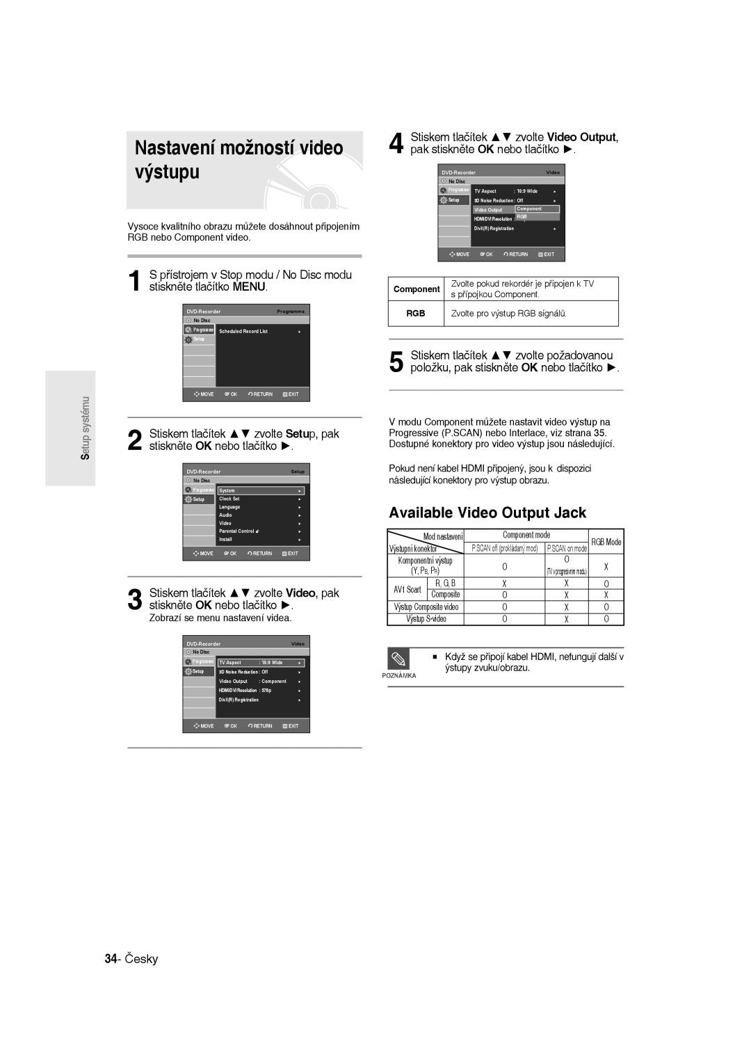 Samsung DVD-R135/EUR manual Nastavení možností video výstupu, 34- Česky, Zobrazí se menu nastavení videa, Výstupní konektor 