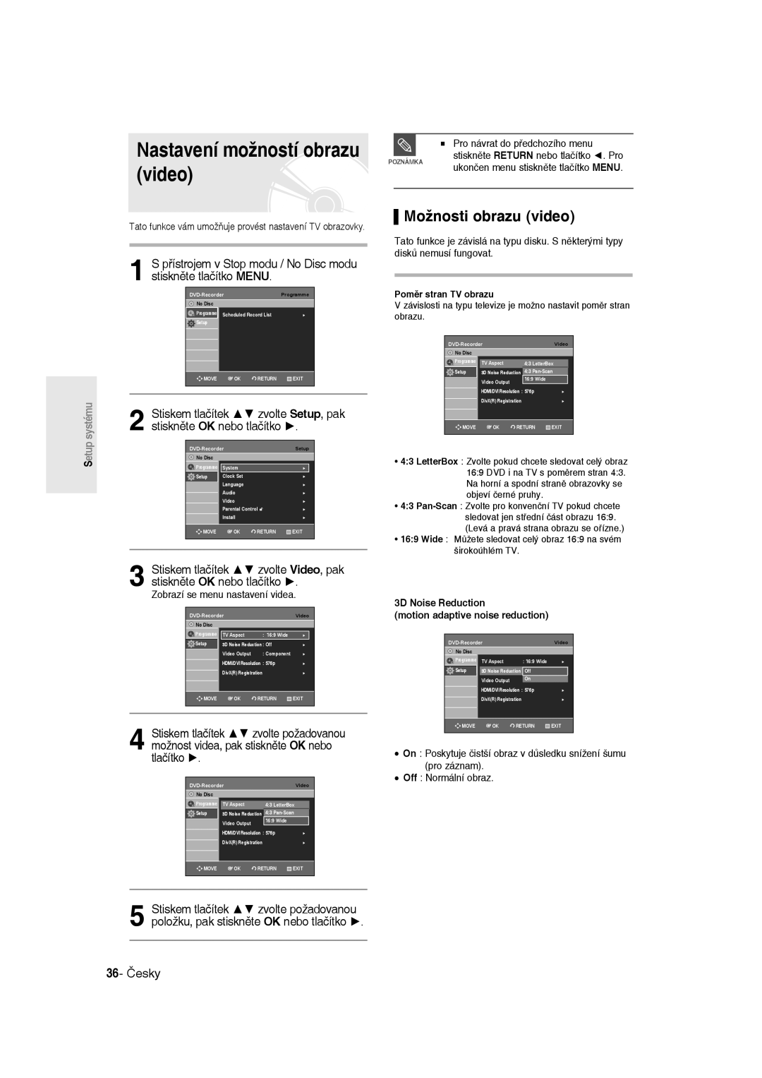 Samsung DVD-R135/XEB manual Nastavení možností obrazu video, Možnosti obrazu video, 36- Česky, Poměr stran TV obrazu 