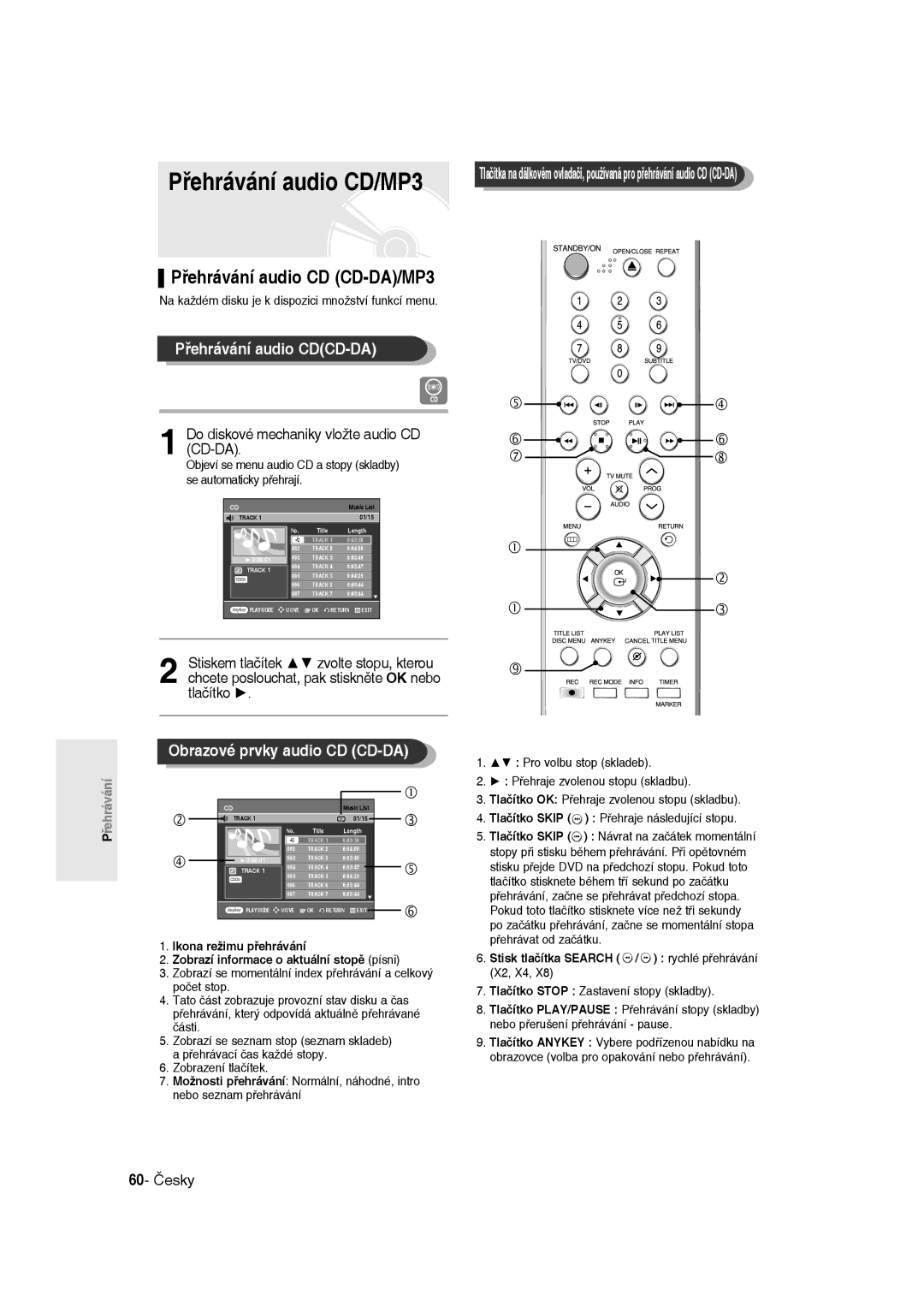 Samsung DVD-R135/XEB, DVD-R135/EUR manual Přehrávání audio CD/MP3, Přehrávání audio CD CD-DA/MP3, Přehrávání audio CDCD-DA 