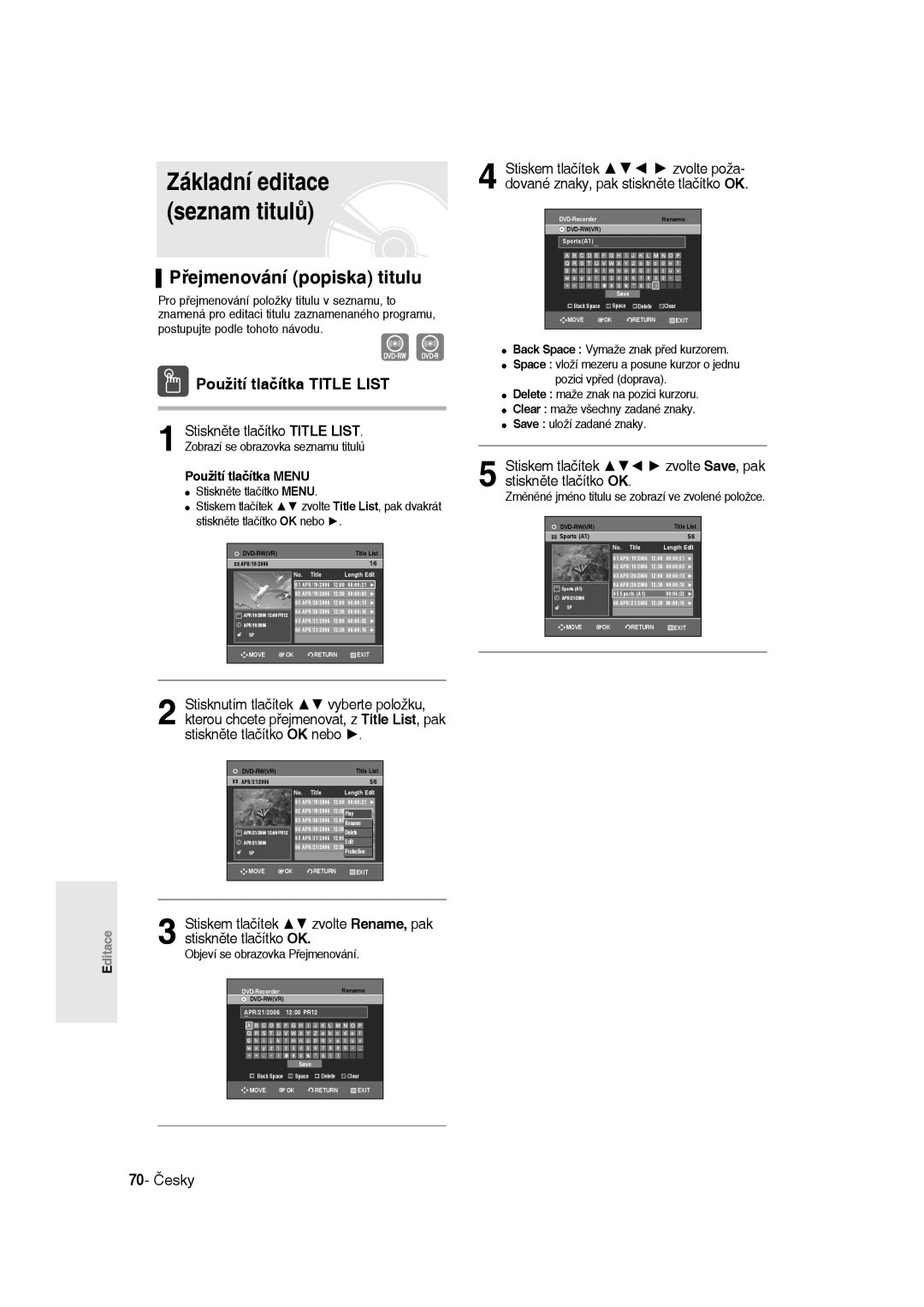 Samsung DVD-R135/EUR Přejmenování popiska titulu, Stiskem tlačítek zvolte Rename, pak stiskněte tlačítko OK, 70- Česky 