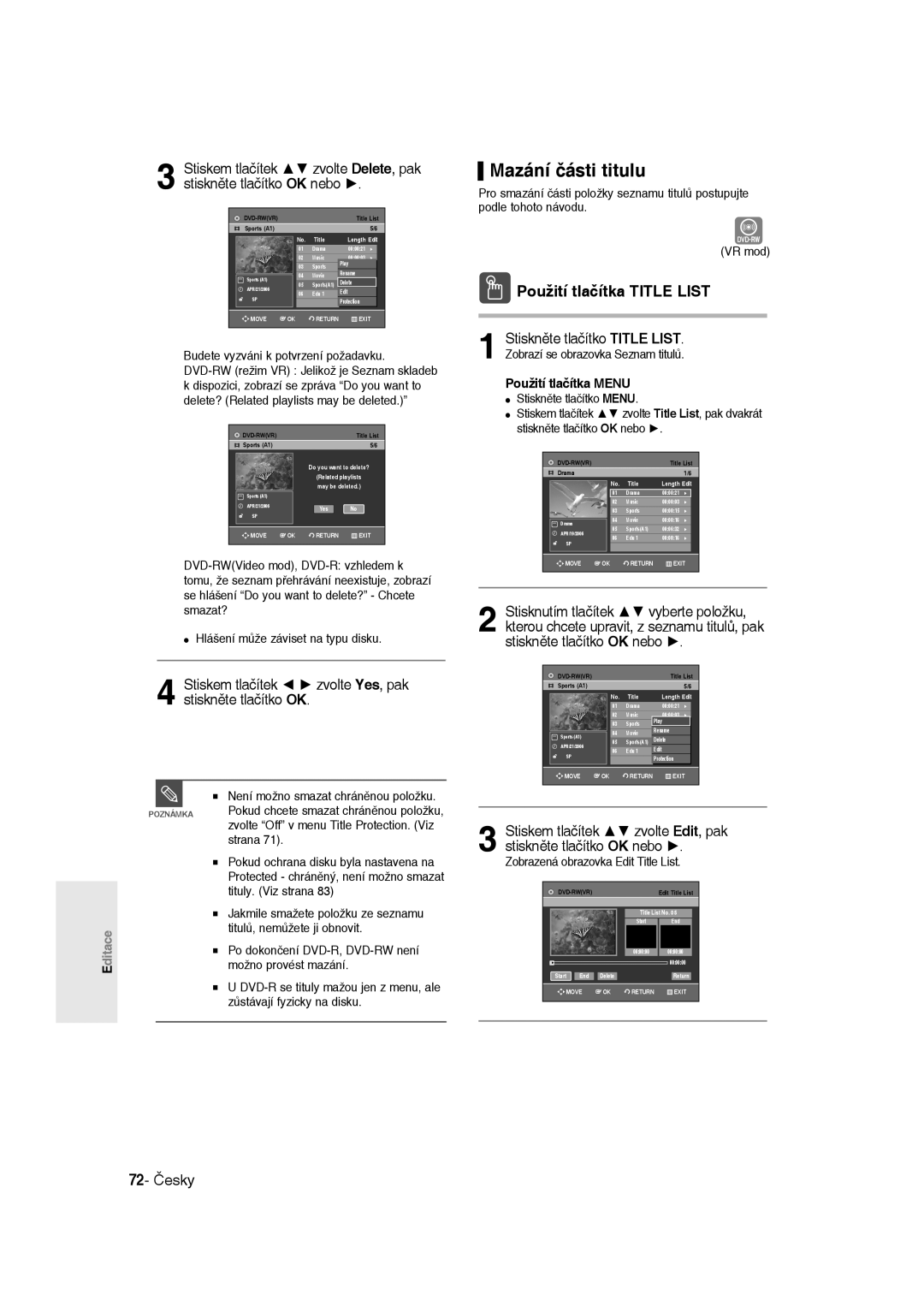 Samsung DVD-R135/XEB, DVD-R135/EUR, DVD-R135/XEH manual Mazání části titulu, 72- Česky, Není možno smazat chráněnou položku 