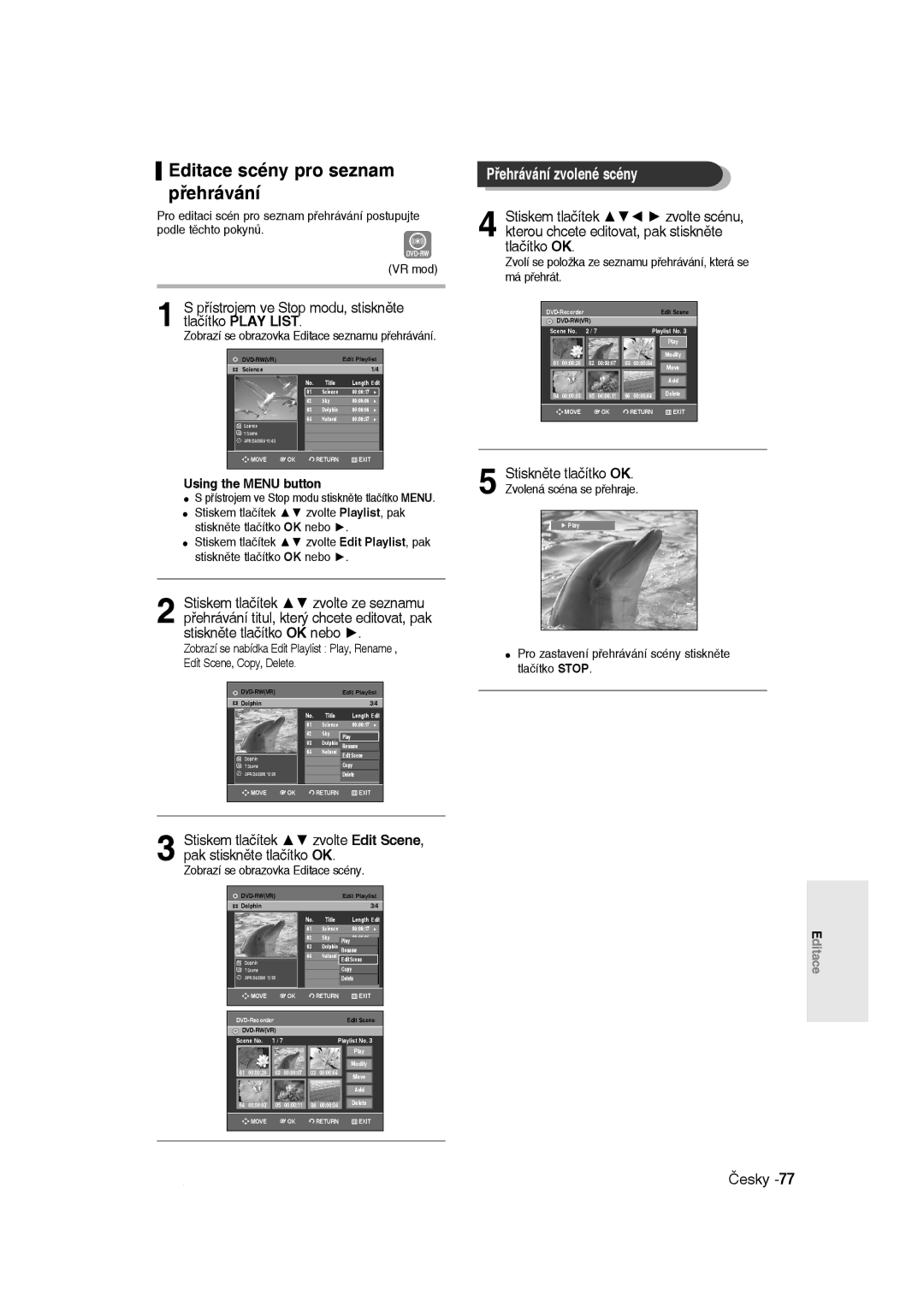 Samsung DVD-R135/XEH, DVD-R135/XEB, DVD-R135/EUR manual Editace scény pro seznam přehrávání, Přehrávání zvolené scény 