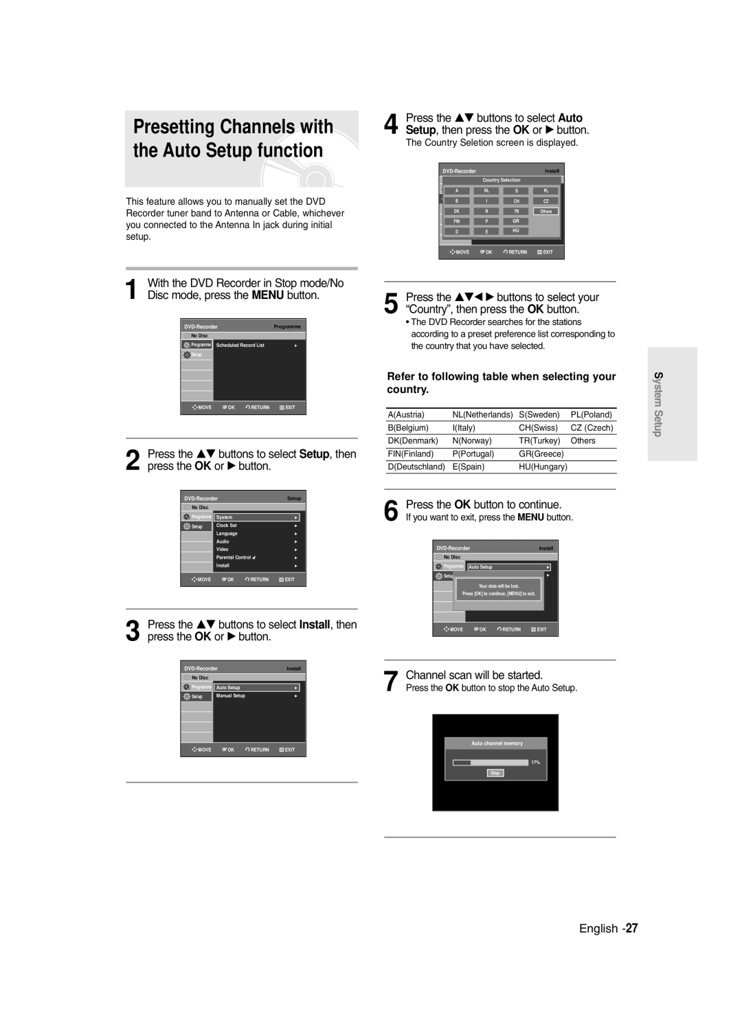 Samsung DVD-R135/XEB, DVD-R135/EUR manual Presetting Channels with the Auto Setup function, Channel scan will be started 