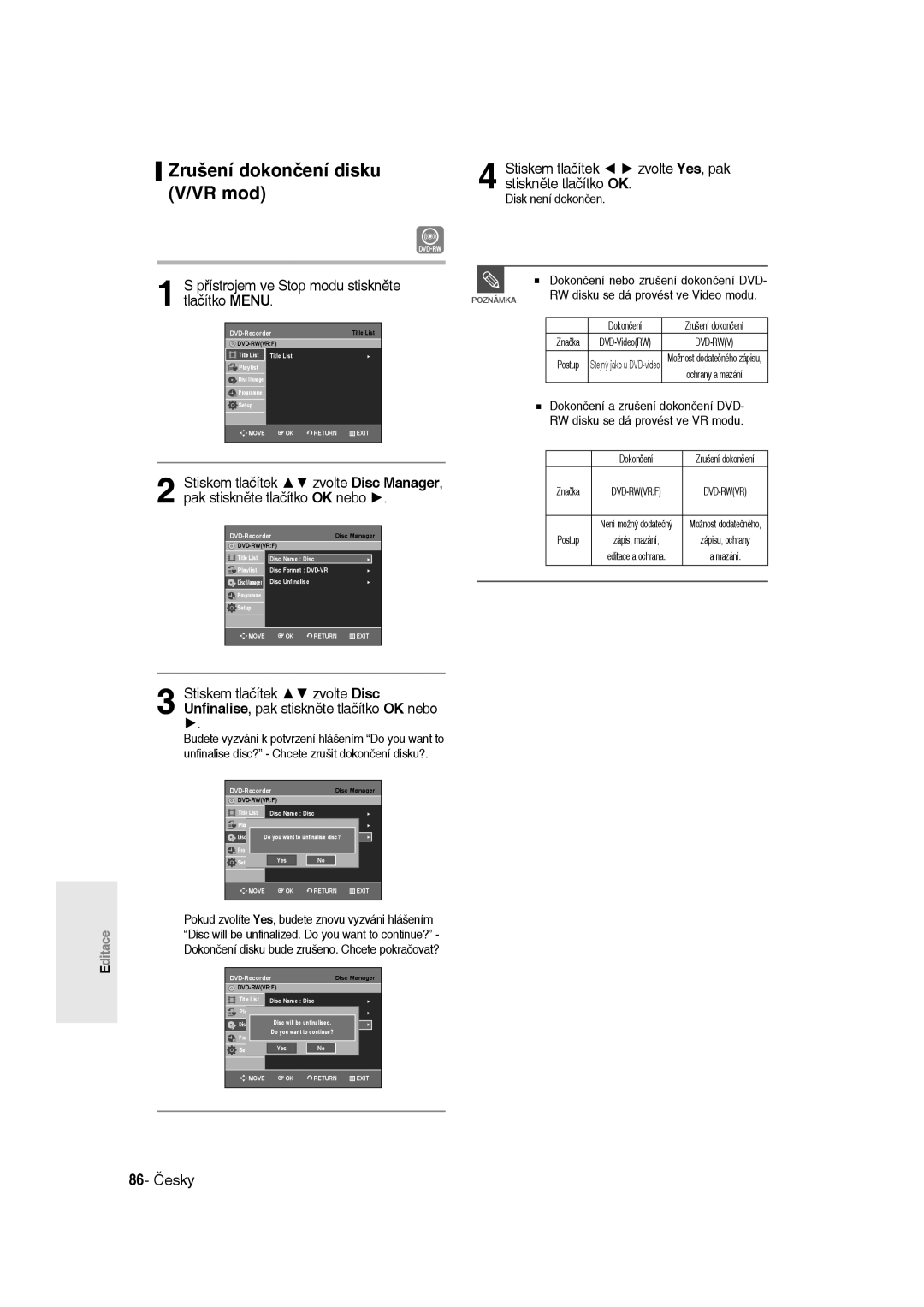 Samsung DVD-R135/XEH, DVD-R135/XEB, DVD-R135/EUR manual Zrušení dokončení disku V/VR mod, 86- Česky 