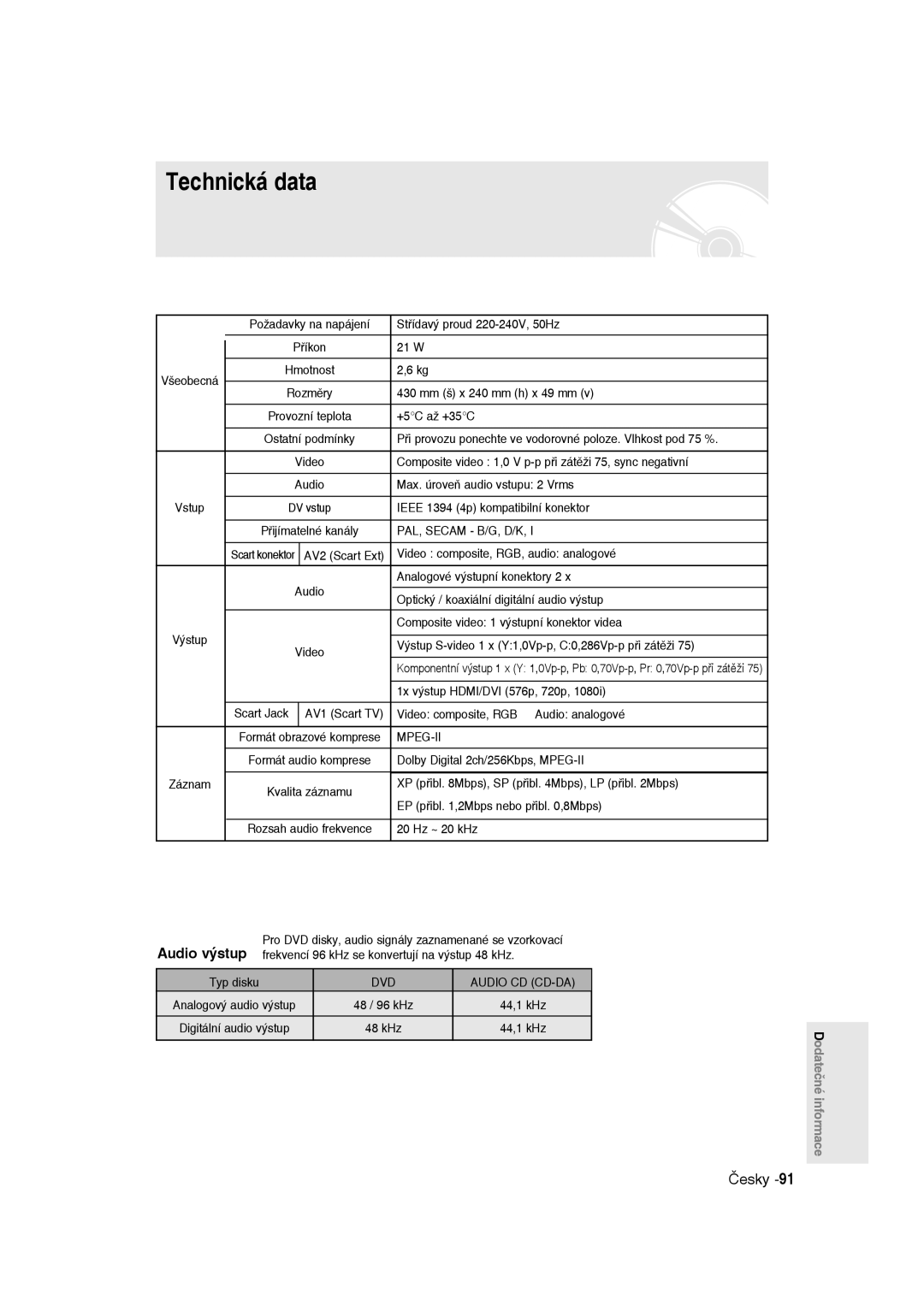 Samsung DVD-R135/EUR, DVD-R135/XEB, DVD-R135/XEH manual Technická data 