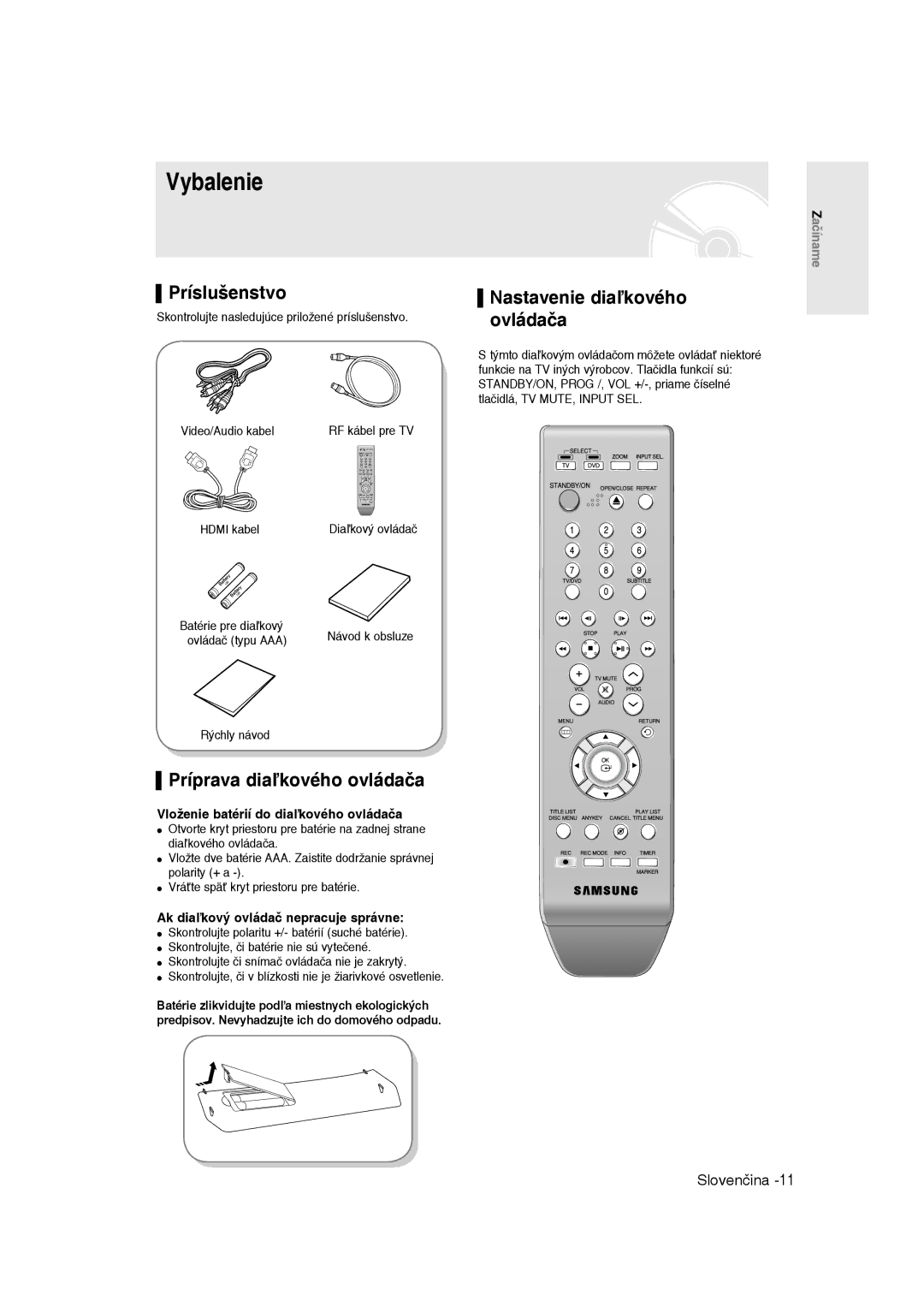 Samsung DVD-R135/XEH, DVD-R135/XEB Vybalenie, Príslušenstvo, Príprava diaľkového ovládača, Nastavenie diaľkového ovládača 