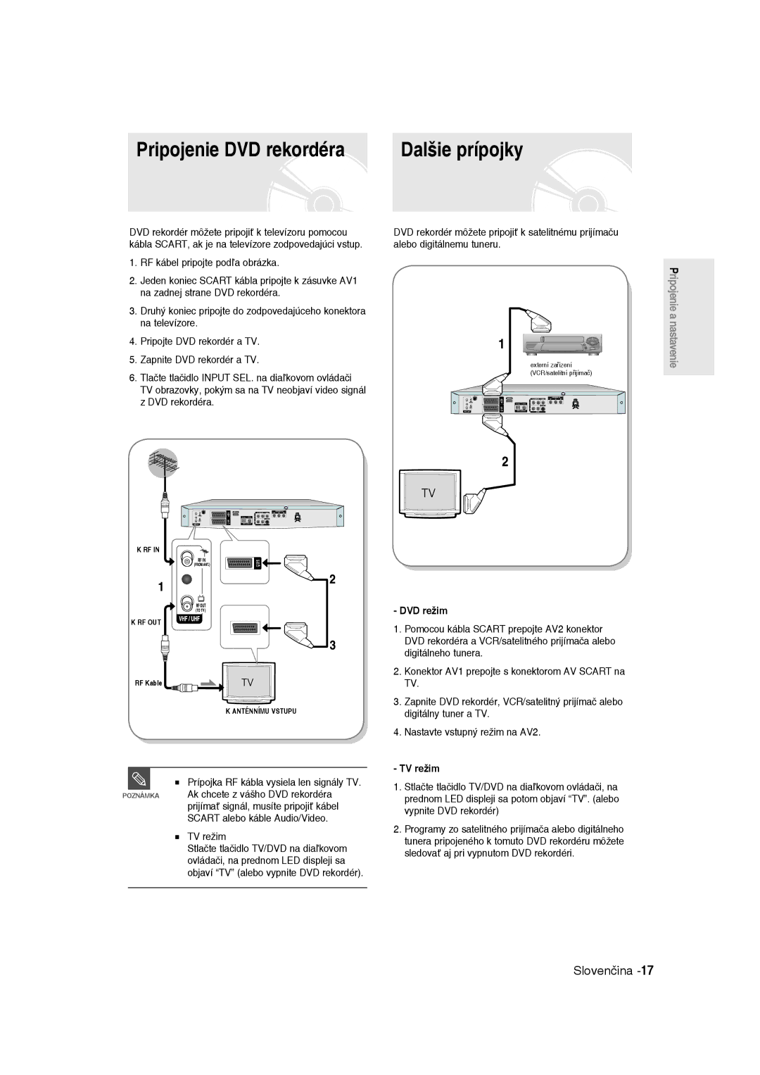 Samsung DVD-R135/XEH, DVD-R135/XEB manual Dalšie prípojky, Prípojka RF kábla vysiela len signály TV, TV režim, DVD režim 