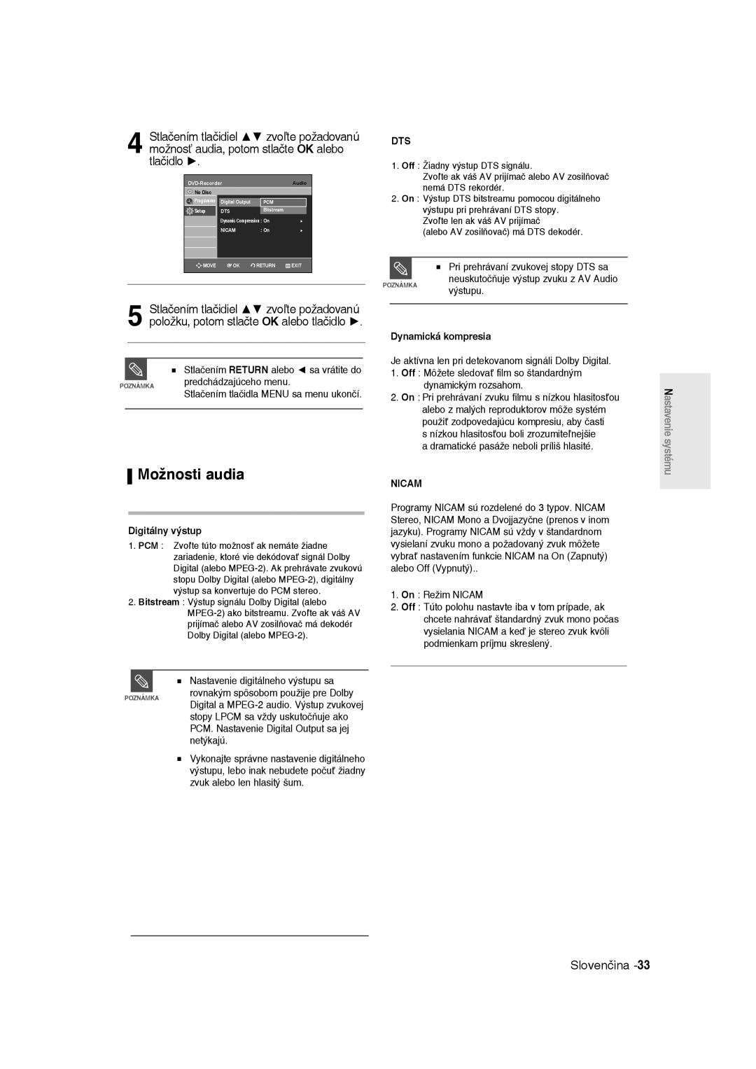 Samsung DVD-R135/XEB manual Digitálny výstup, Dynamická kompresia, Je aktívna len pri detekovanom signáli Dolby Digital 