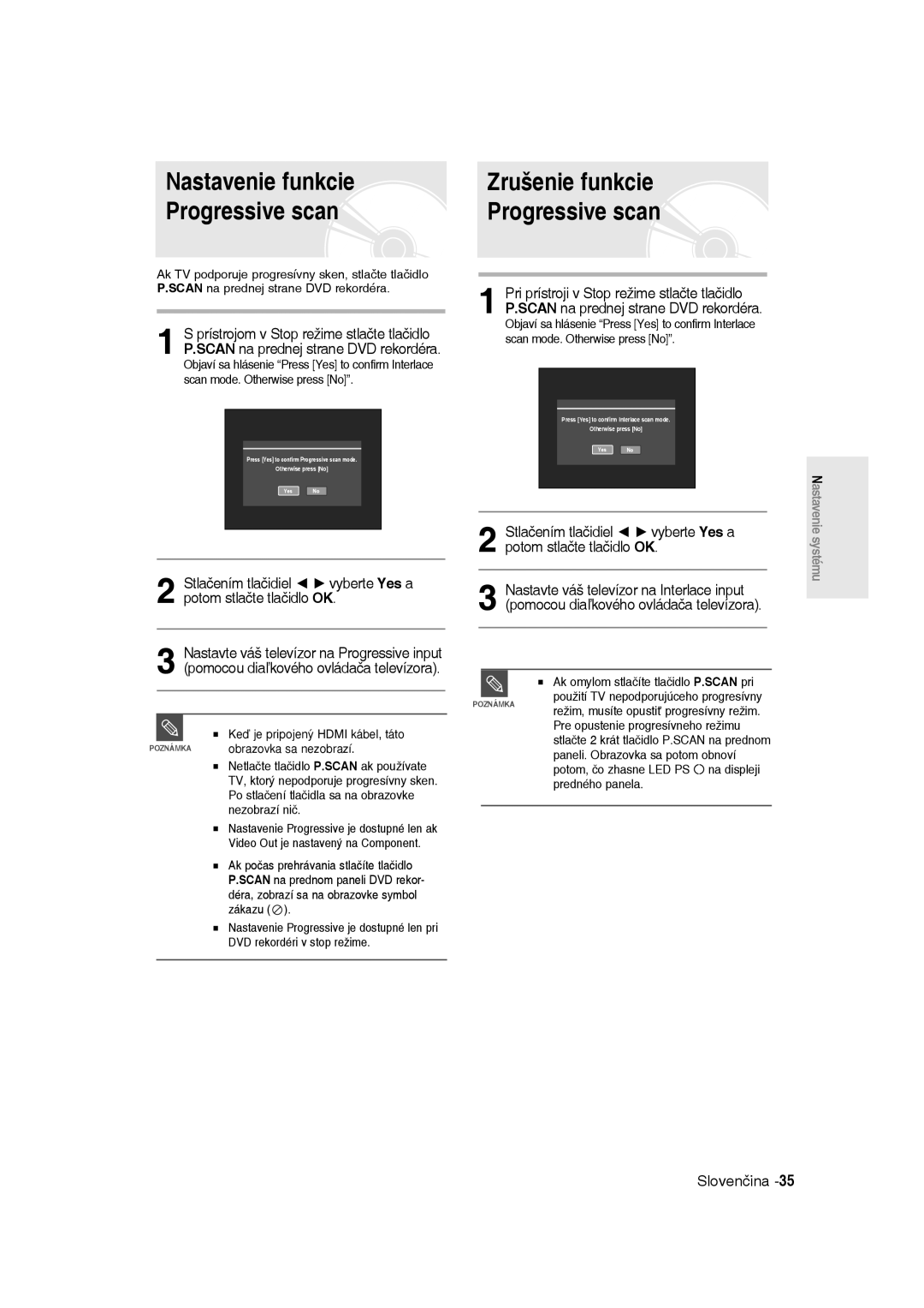 Samsung DVD-R135/XEH, DVD-R135/XEB, DVD-R135/EUR Nastavenie funkcie Progressive scan, Zrušenie funkcie Progressive scan 