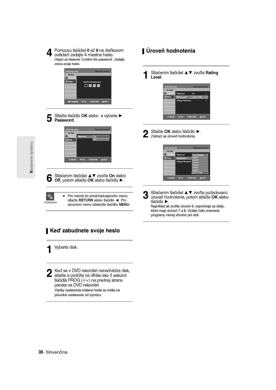 Samsung DVD-R135/XEH manual Keď zabudnete svoje heslo, Úroveň hodnotenia, Stlačte tlačidlo OK alebo a vyberte Password 