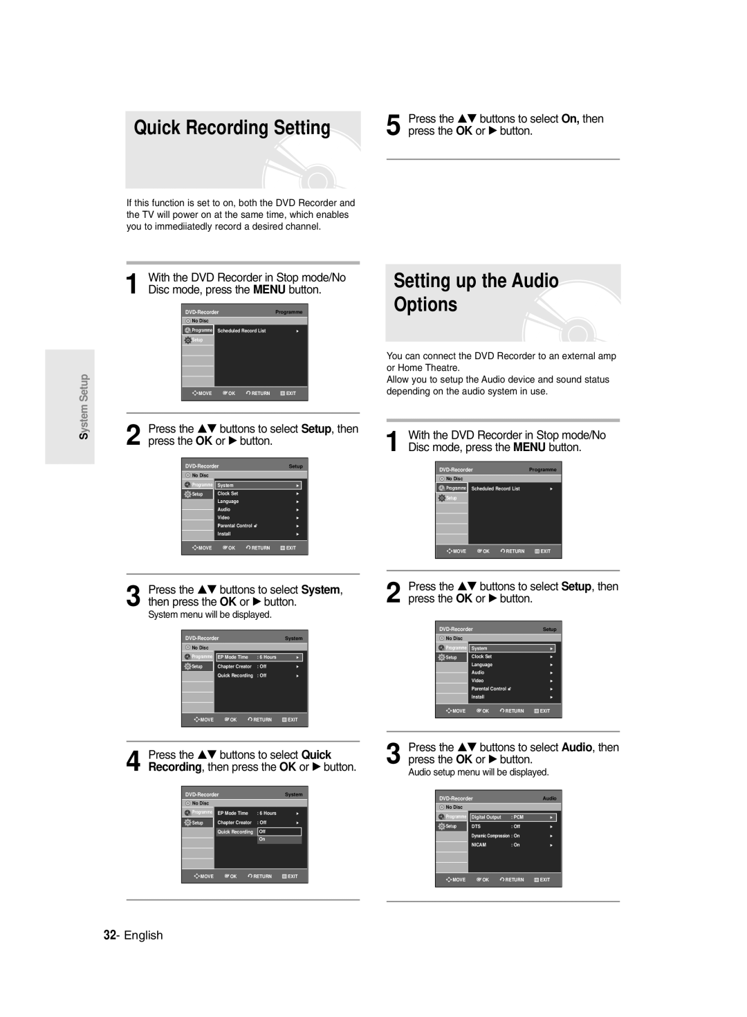 Samsung DVD-R135/XEH manual Setting up the Audio Options, Press the OK or √ button, Press the …† buttons to select On, then 