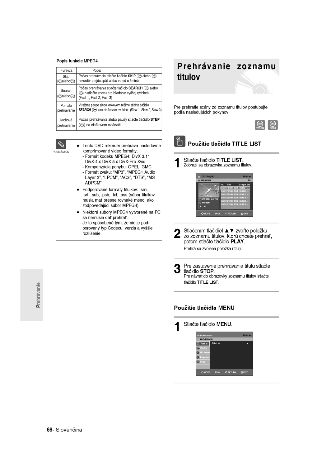 Samsung DVD-R135/XEB, DVD-R135/EUR manual Prehrávanie zoznamu titulov, Použitie tlačidla Title List, Použitie tlačidla Menu 