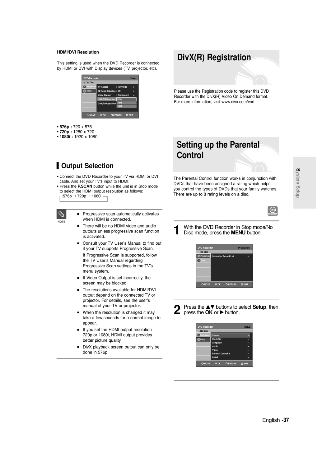 Samsung DVD-R135/EUR, DVD-R135/XEB, DVD-R135/XEH manual DivXR Registration Setting up the Parental Control, Output Selection 