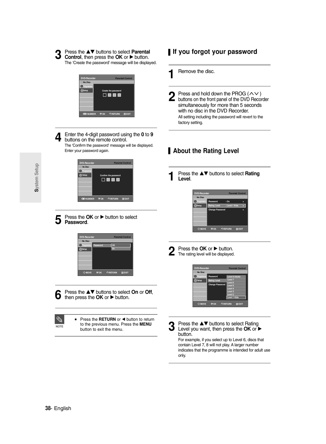 Samsung DVD-R135/XEH If you forgot your password, About the Rating Level, Press the OK or √ button to select Password 