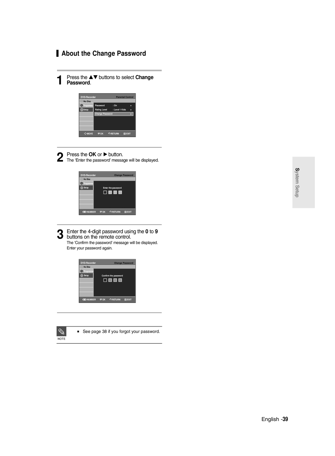 Samsung DVD-R135/XEB, DVD-R135/EUR, DVD-R135/XEH About the Change Password, Press the …† buttons to select Change Password 