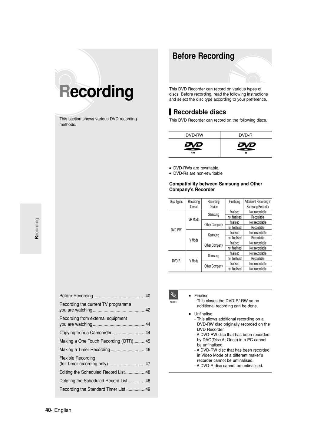 Samsung DVD-R135/EUR Before Recording, Recordable discs, Compatibility between Samsung and Other Company’s Recorder 