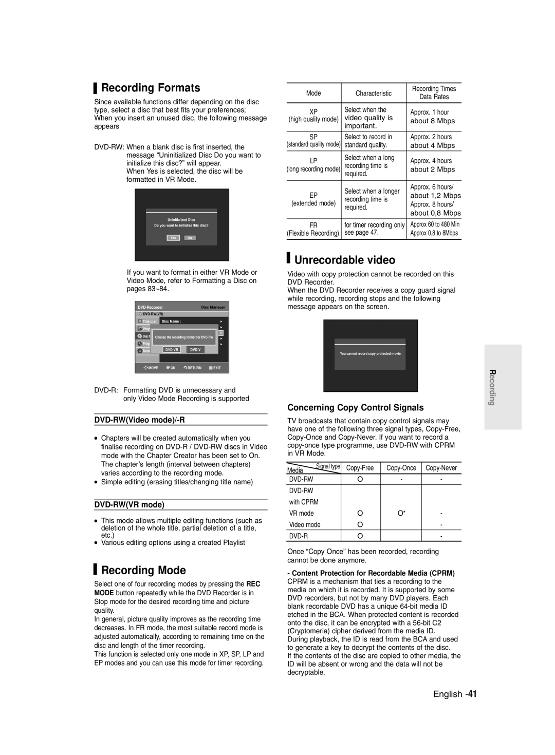 Samsung DVD-R135/XEH, DVD-R135/XEB Recording Formats, Recording Mode, Unrecordable video, Concerning Copy Control Signals 