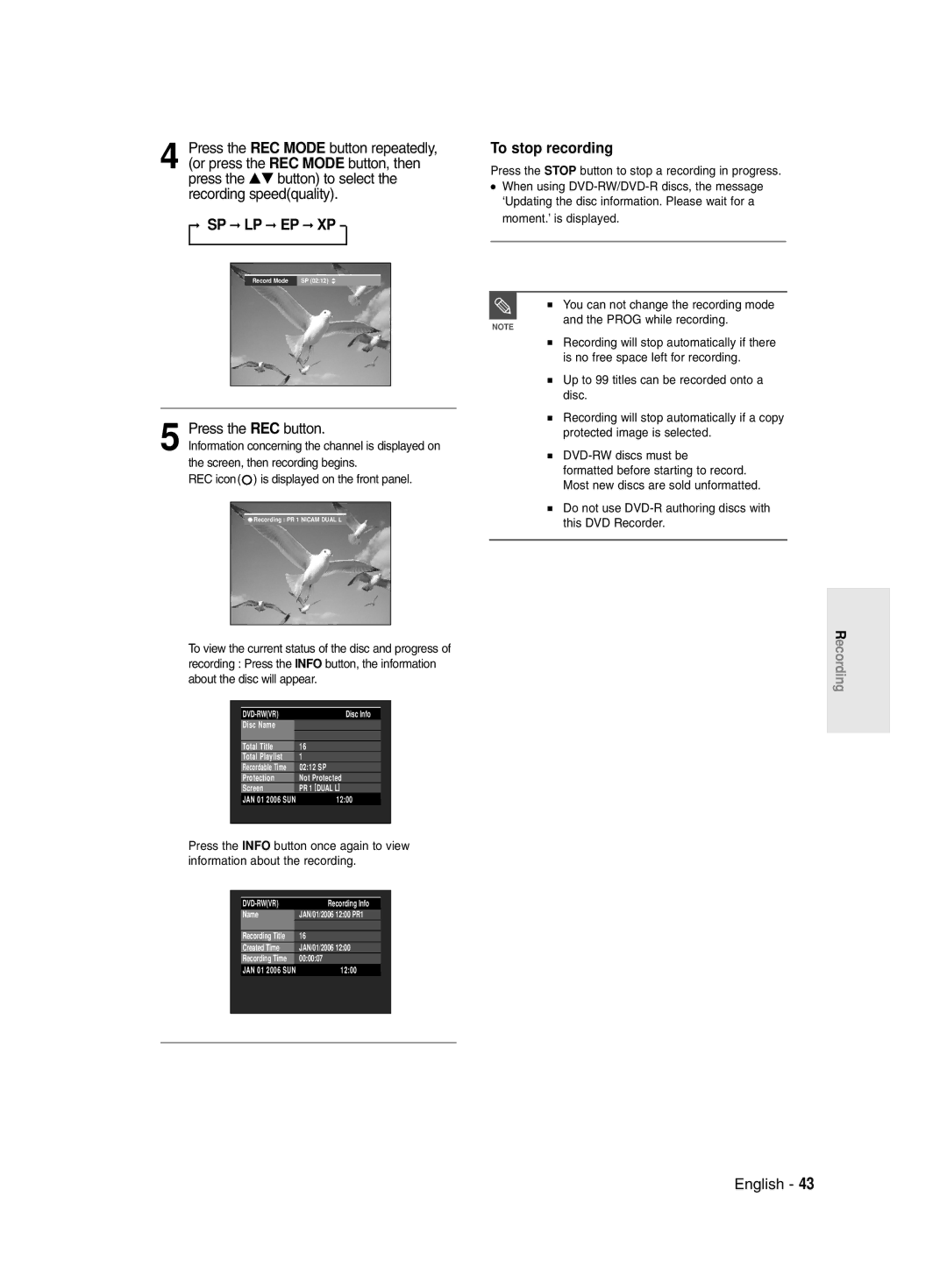 Samsung DVD-R135/EUR manual Sp Lp Ep Xp, Press the REC button, To stop recording, REC icon is displayed on the front panel 