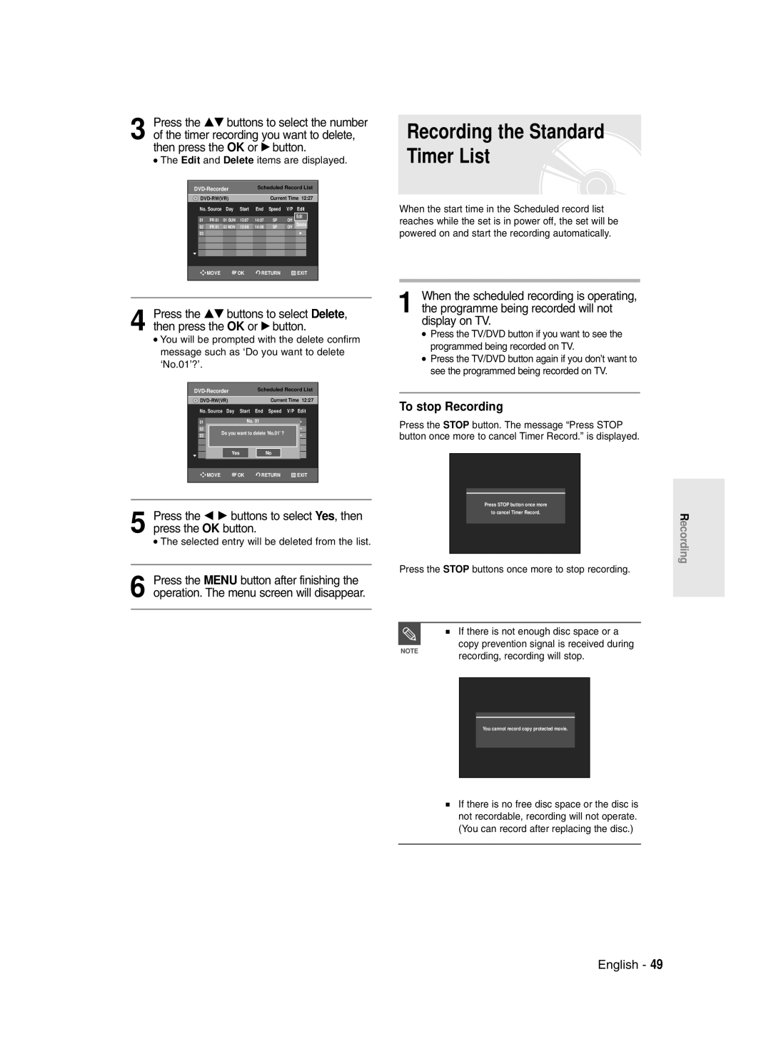 Samsung DVD-R135/EUR, DVD-R135/XEB ‘No.01’?’, Selected entry will be deleted from the list, Recording, recording will stop 