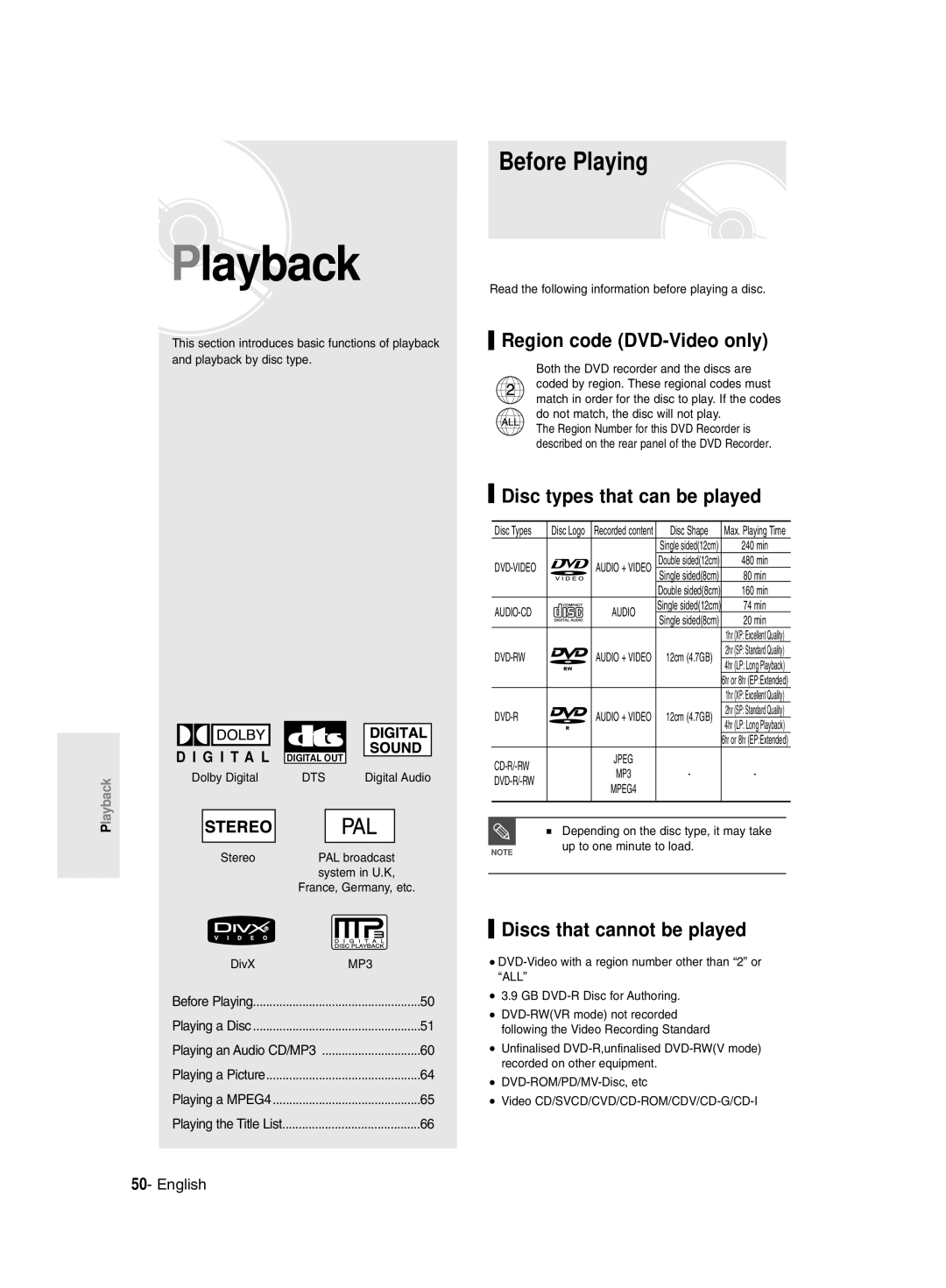 Samsung DVD-R135/XEH, DVD-R135/XEB Playback, Before Playing, Region code DVD-Video only, Disc types that can be played 