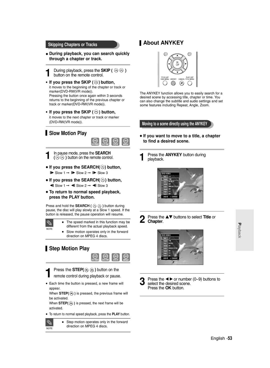 Samsung DVD-R135/XEH, DVD-R135/XEB manual Slow Motion Play, Step Motion Play, About Anykey, Skipping Chapters or Tracks 