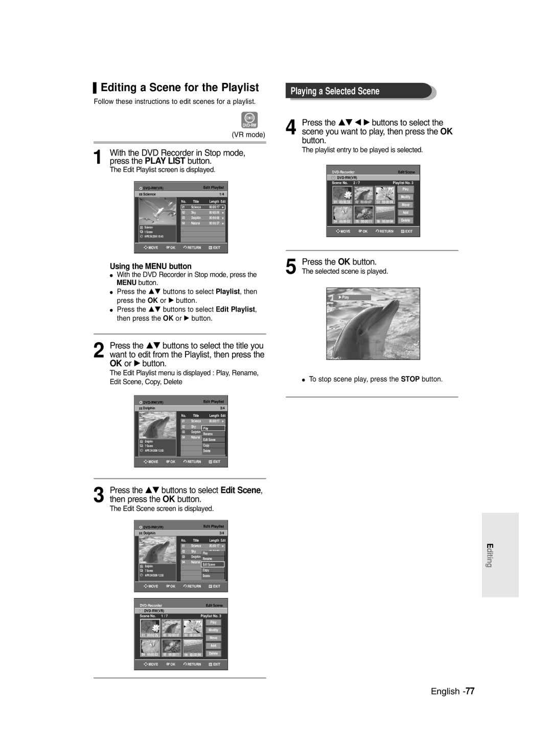 Samsung DVD-R135/XEH manual Editing a Scene for the Playlist, Playing a Selected Scene, Edit Scene screen is displayed 