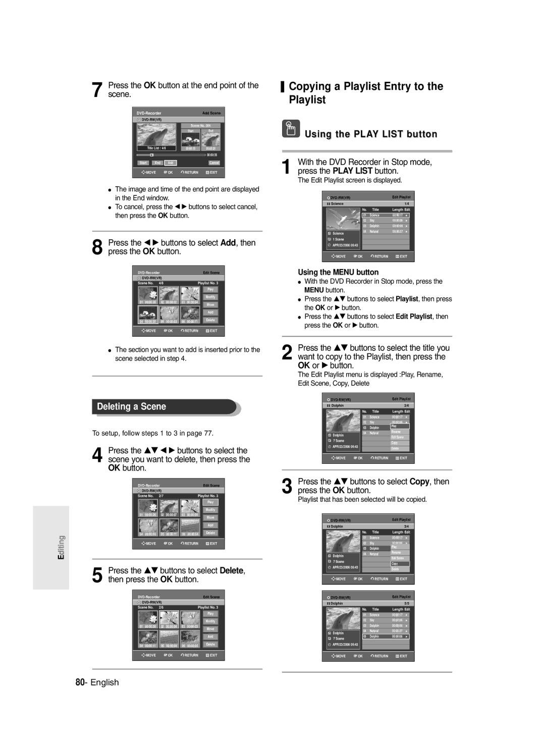 Samsung DVD-R135/XEH, DVD-R135/XEB Copying a Playlist Entry to the Playlist, Deleting a Scene, Using the Play List button 