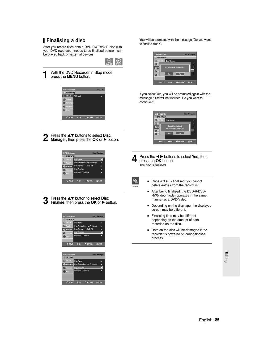 Samsung DVD-R135/EUR, DVD-R135/XEB, DVD-R135/XEH manual Finalising a disc 