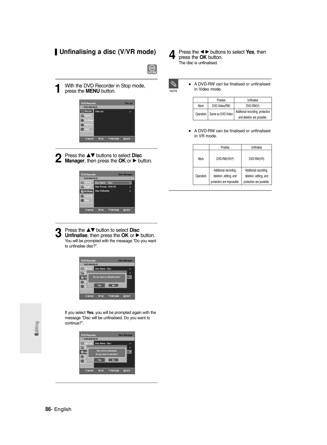 Samsung DVD-R135/XEH, DVD-R135/XEB manual Unfinalising a disc V/VR mode, DVD-RW can be finalised or unfinalised in VR mode 