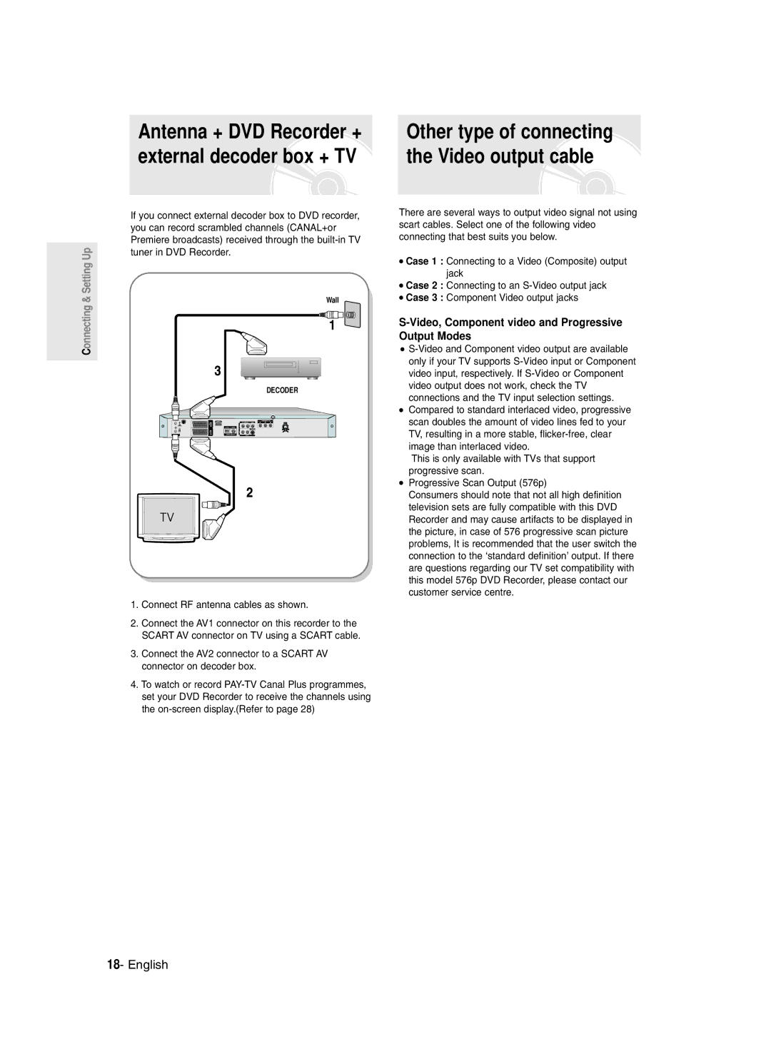 Samsung DVD-R135/XEB, DVD-R135/EUR, DVD-R135/XEH manual Video output cable, Connect RF antenna cables as shown 