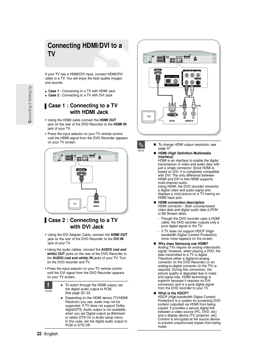 Samsung DVD-R135/EUR manual Connecting HDMI/DVI to a, Case 1 Connecting to a TV with Hdmi Jack, Case 2 Connecting to a TV 