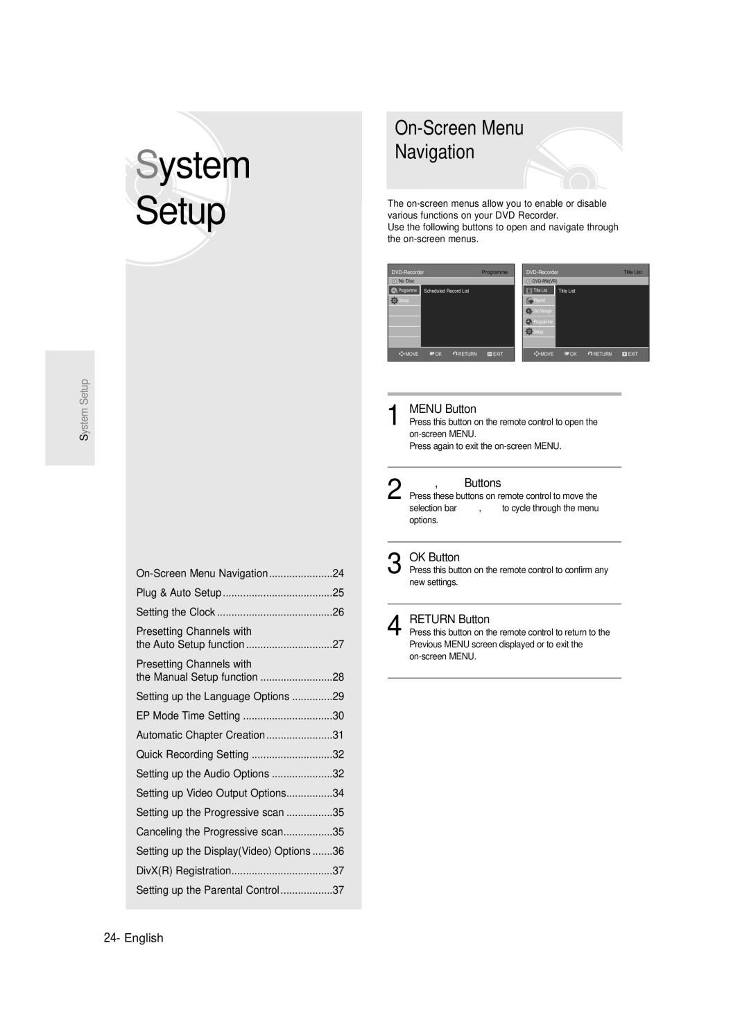 Samsung DVD-R135/XEB, DVD-R135/EUR, DVD-R135/XEH manual System Setup, On-Screen Menu Navigation 