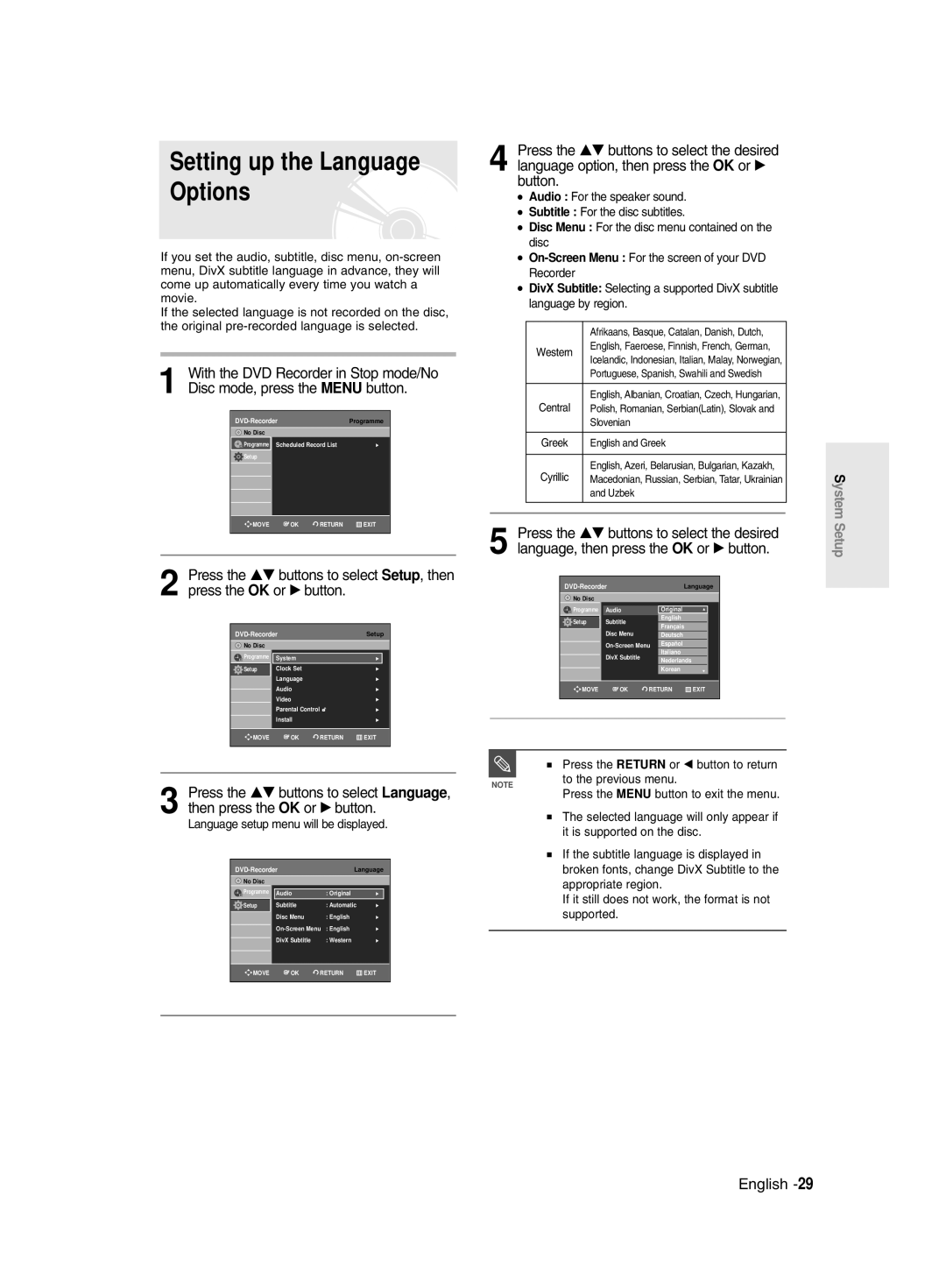 Samsung DVD-R135/XEH, DVD-R135/XEB, DVD-R135/EUR Setting up the Language Options, Press the Return or œ button to return 