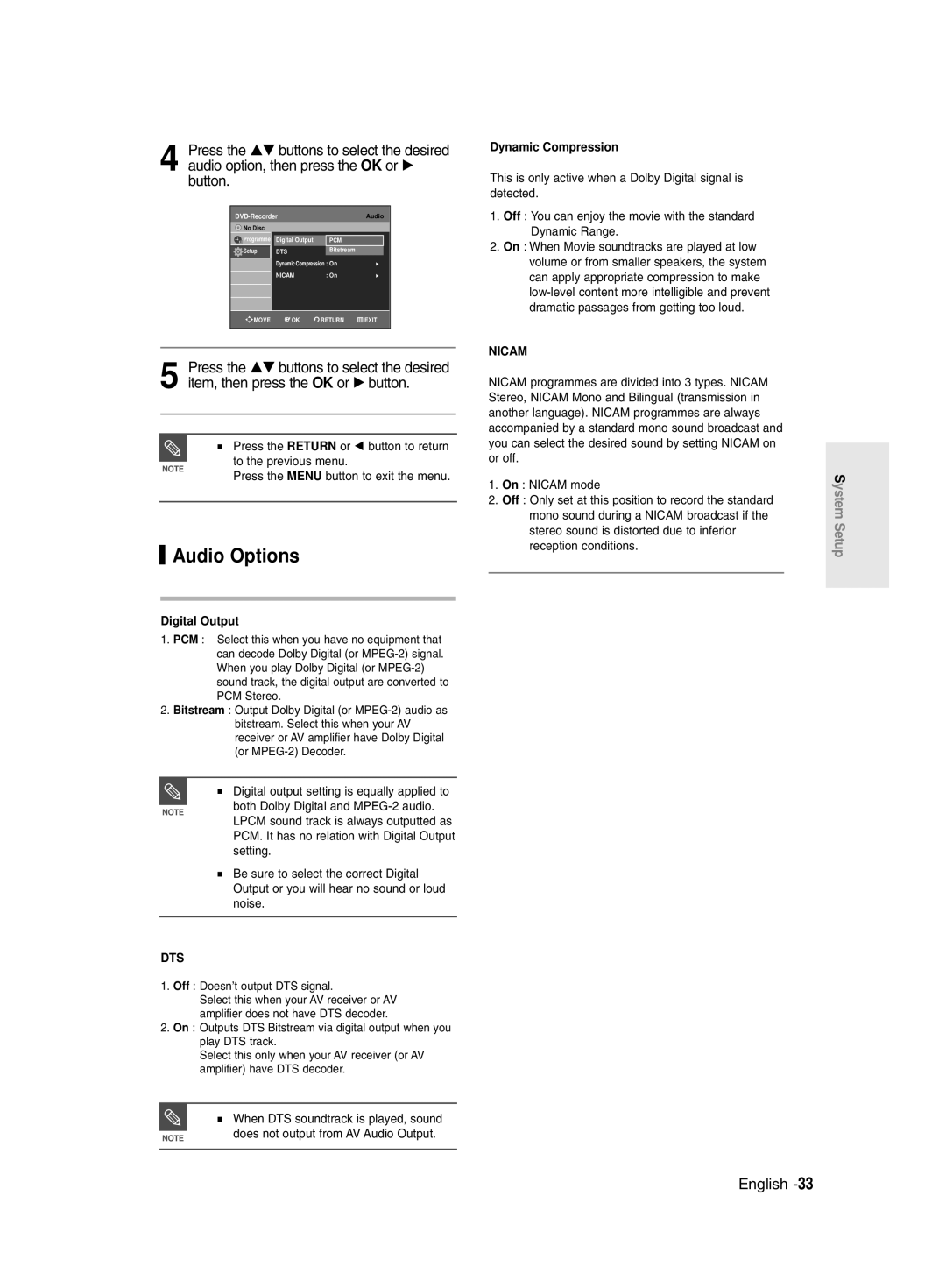 Samsung DVD-R135/XEB manual Audio Options, Dynamic Compression, Stereo sound is distorted due to inferior, Digital Output 