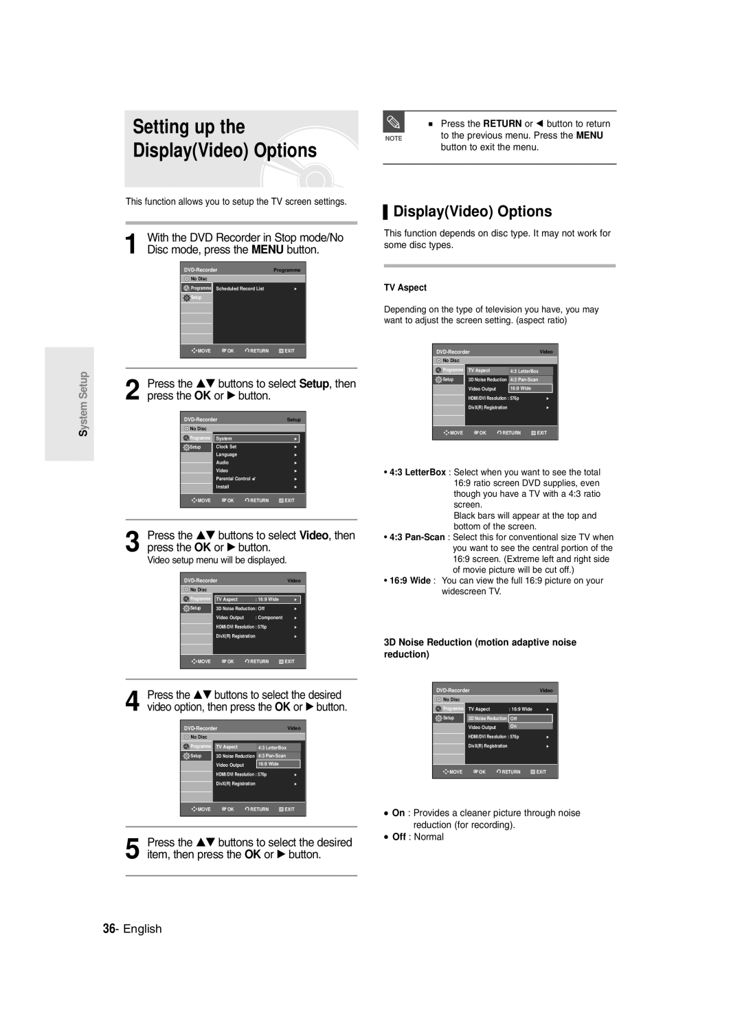 Samsung DVD-R135/XEB Setting up DisplayVideo Options, This function allows you to setup the TV screen settings, TV Aspect 