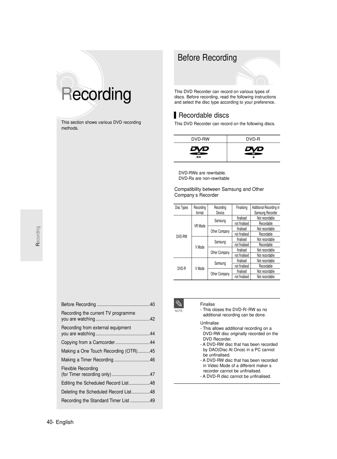 Samsung DVD-R135/EUR, DVD-R135/XEB, DVD-R135/XEH manual Before Recording, Recordable discs 