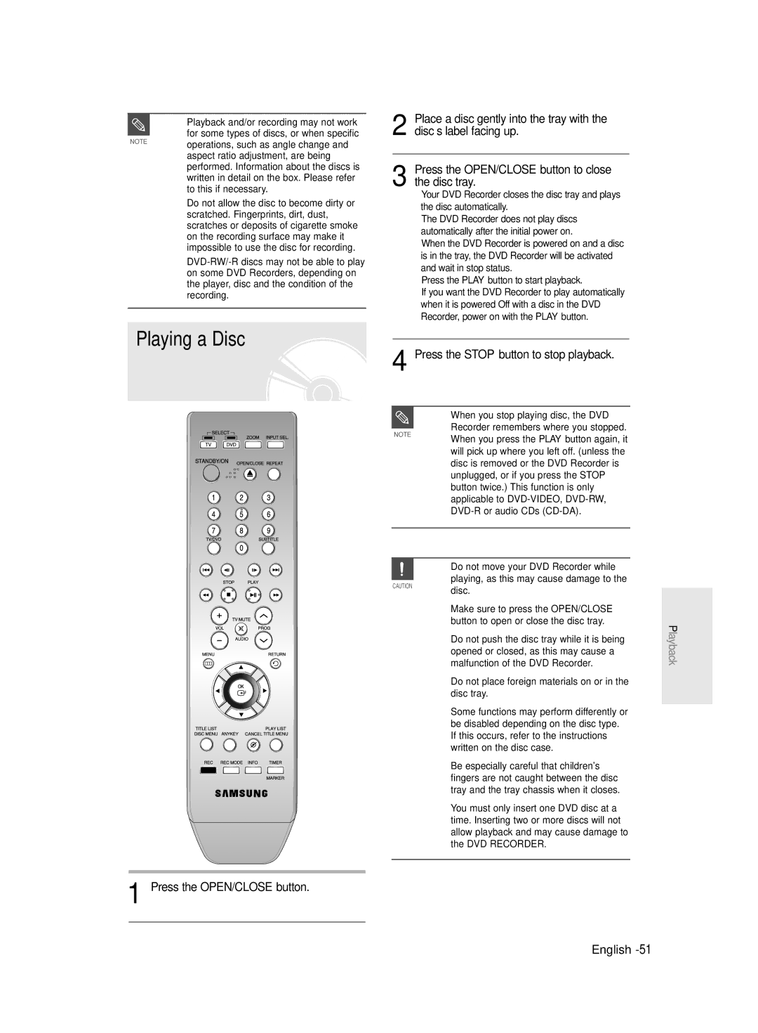 Samsung DVD-R135/XEB, DVD-R135/EUR Playing a Disc, Press the Stop button to stop playback, Press the OPEN/CLOSE button 