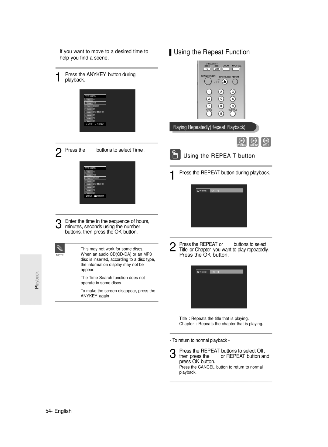 Samsung DVD-R135/XEB Using the Repeat Function, Playing RepeatedlyRepeat Playback, Press the …† buttons to select Time 