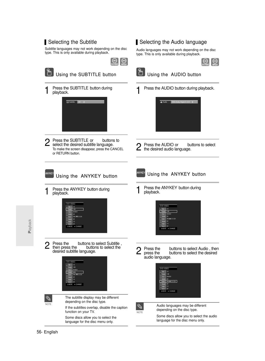 Samsung DVD-R135/XEH manual Selecting the Subtitle, Selecting the Audio language, Press the Subtitle button during playback 