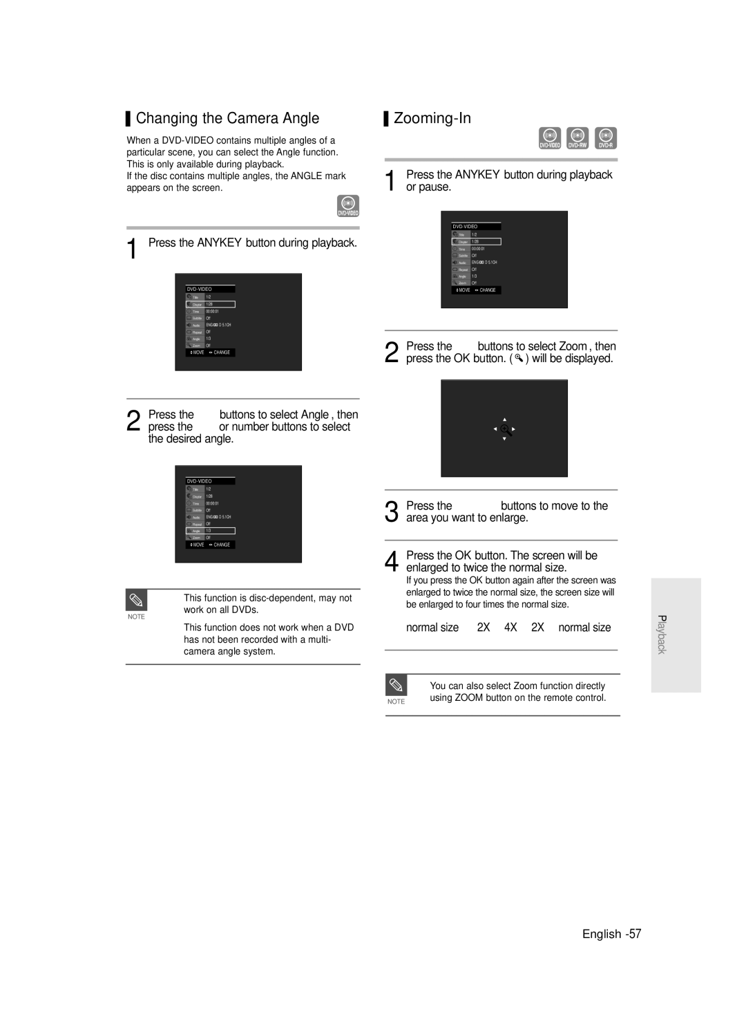 Samsung DVD-R135/XEB, DVD-R135/EUR, DVD-R135/XEH manual Changing the Camera Angle Zooming-In, Or pause 