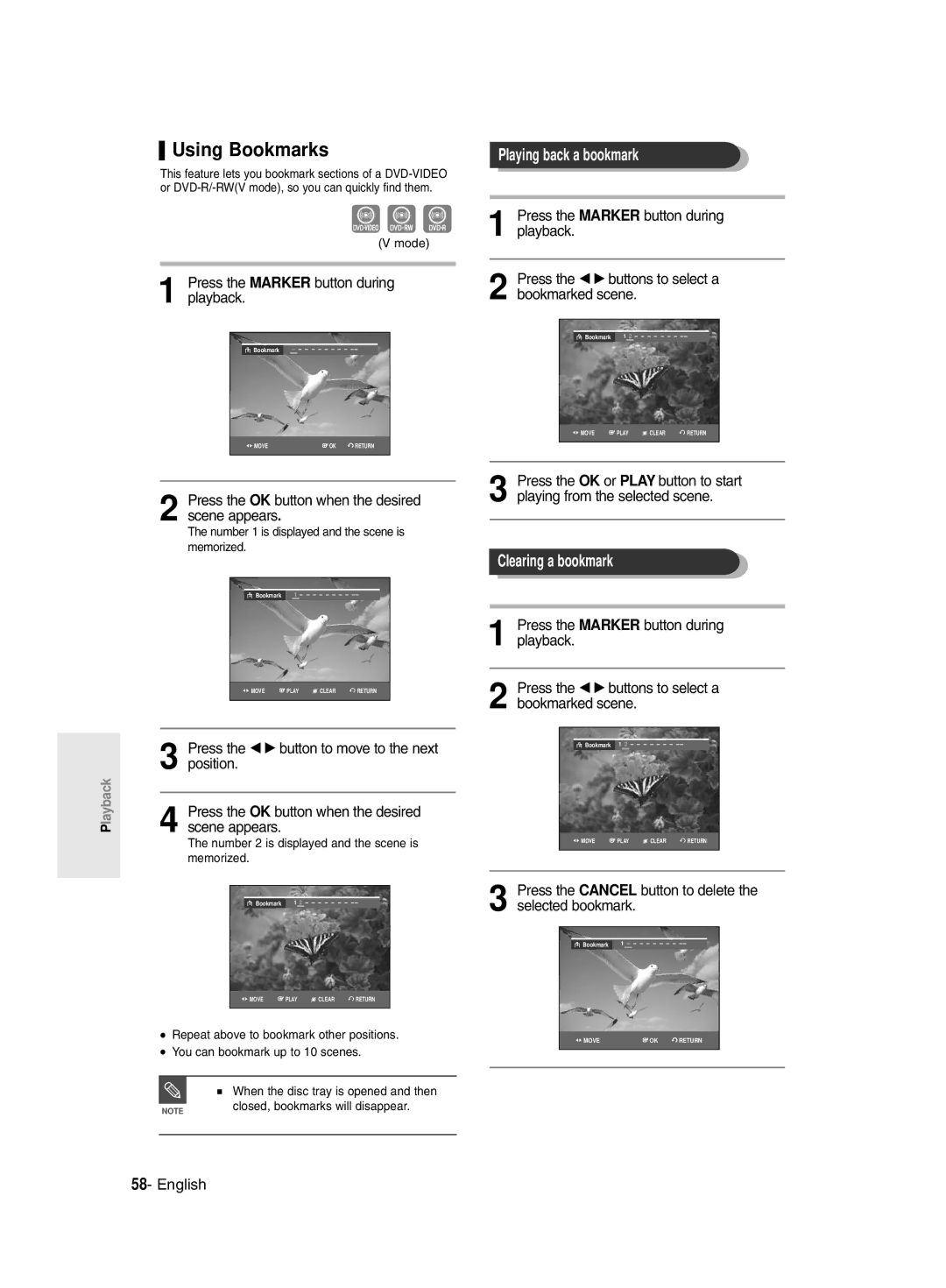 Samsung DVD-R135/EUR, DVD-R135/XEB, DVD-R135/XEH manual Using Bookmarks, Playing back a bookmark, Clearing a bookmark 