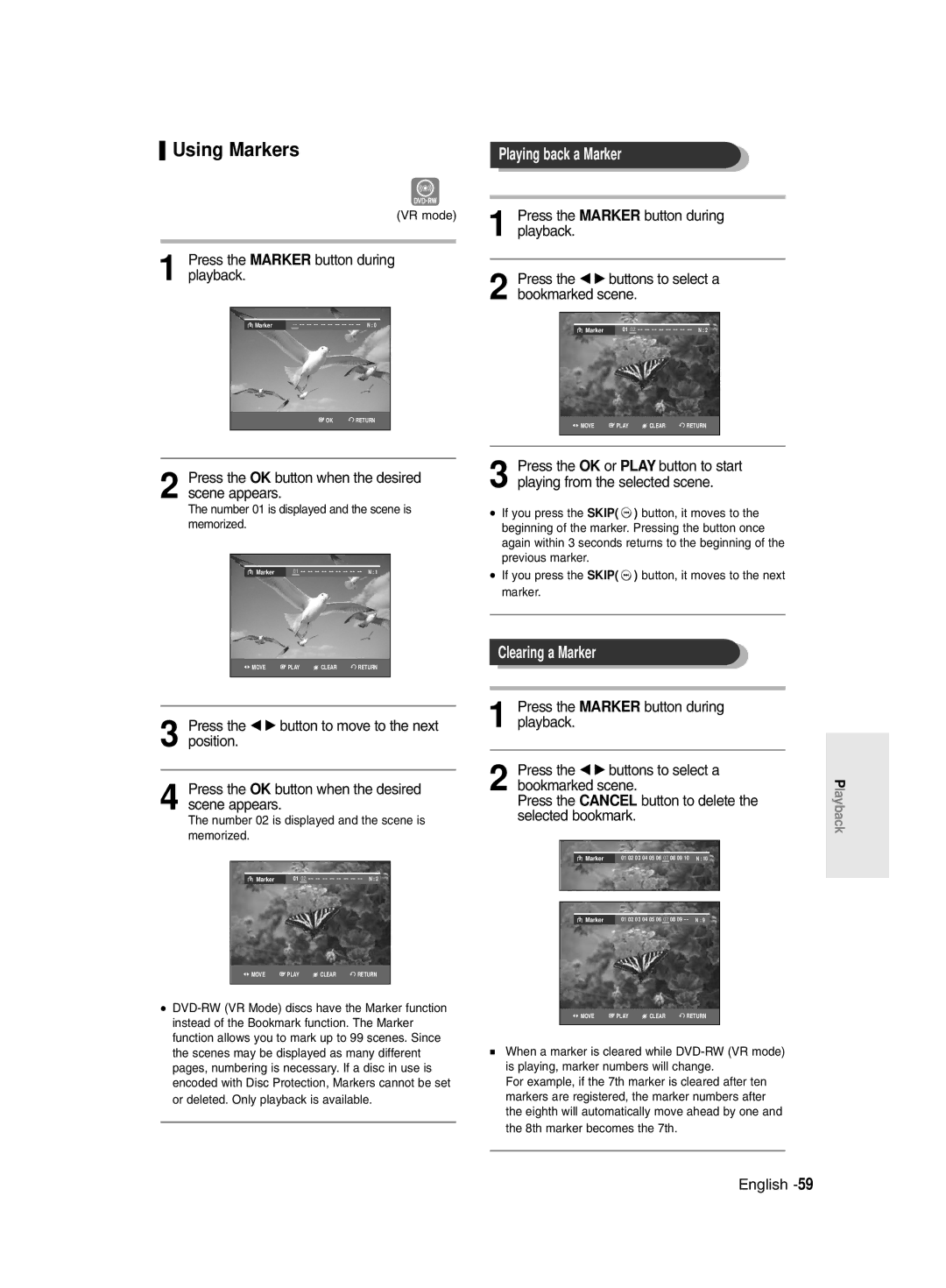 Samsung DVD-R135/XEH, DVD-R135/XEB, DVD-R135/EUR manual Using Markers, Playing back a Marker, Clearing a Marker 