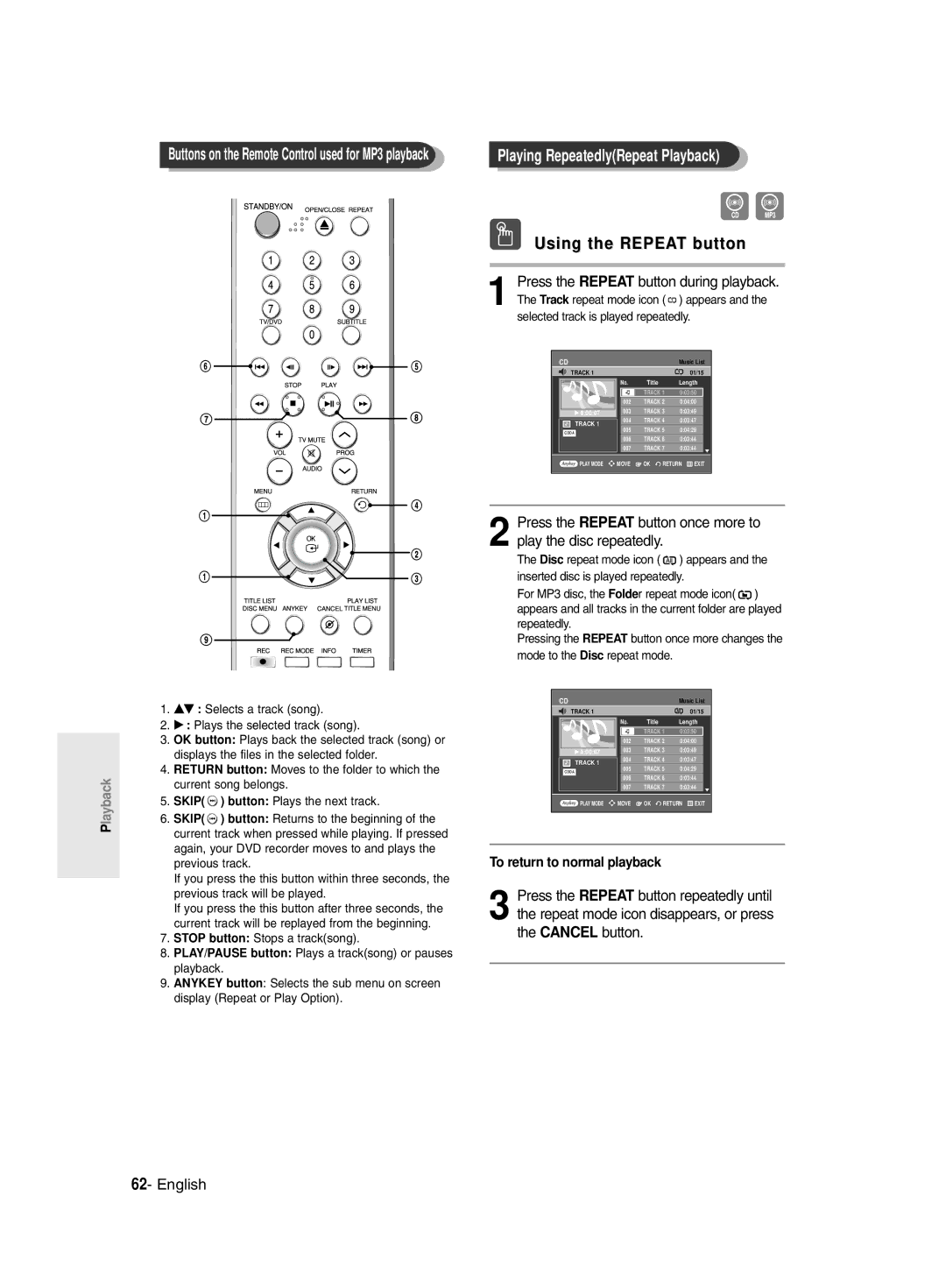 Samsung DVD-R135/XEH, DVD-R135/XEB, DVD-R135/EUR manual Buttons on the Remote Control used for MP3 playback 