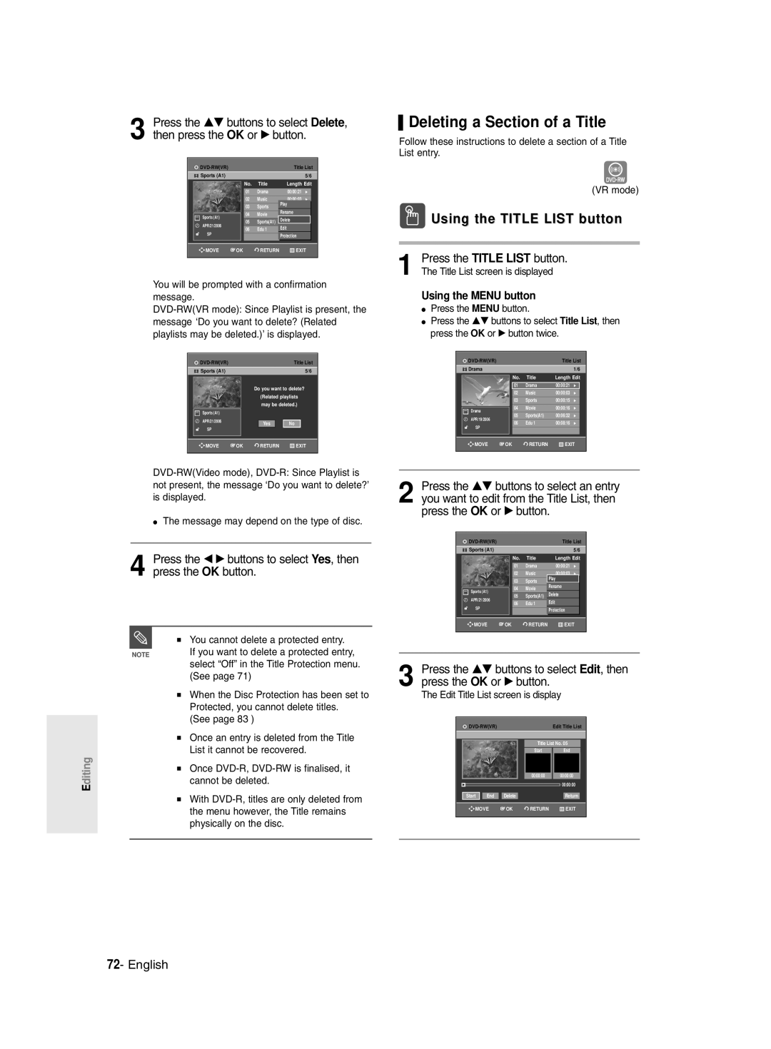 Samsung DVD-R135/XEB, DVD-R135/EUR, DVD-R135/XEH manual Deleting a Section of a Title, Edit Title List screen is display 