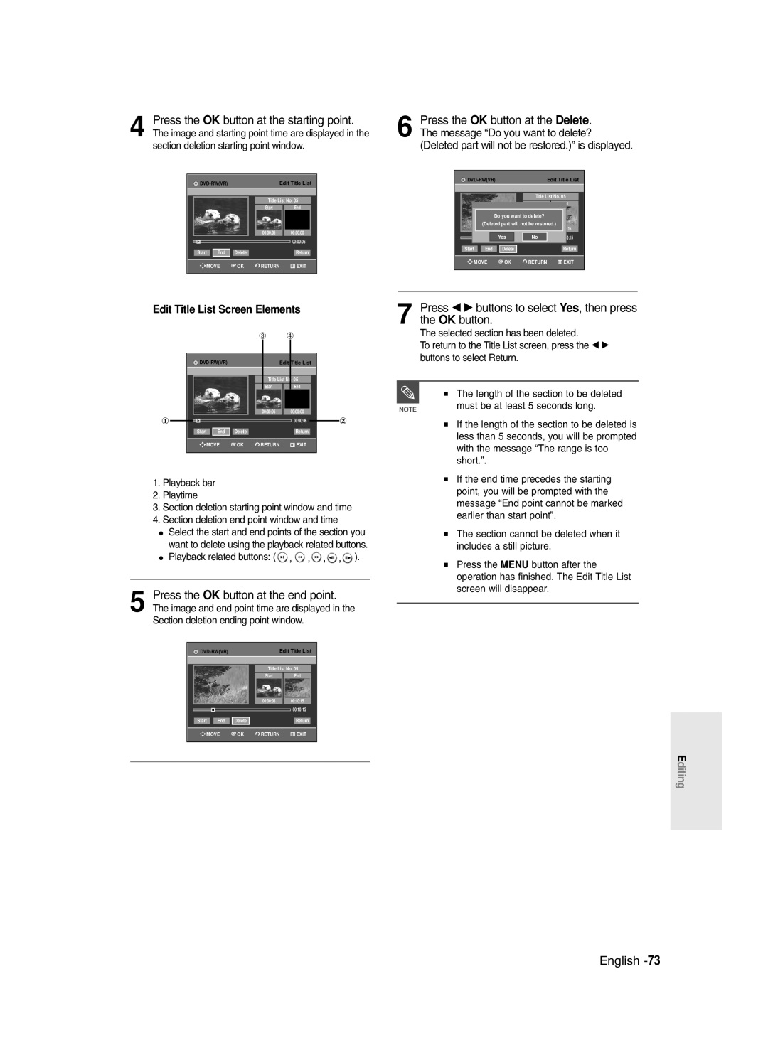 Samsung DVD-R135/EUR Press œ √ buttons to select Yes, then press the OK button, Section deletion starting point window 