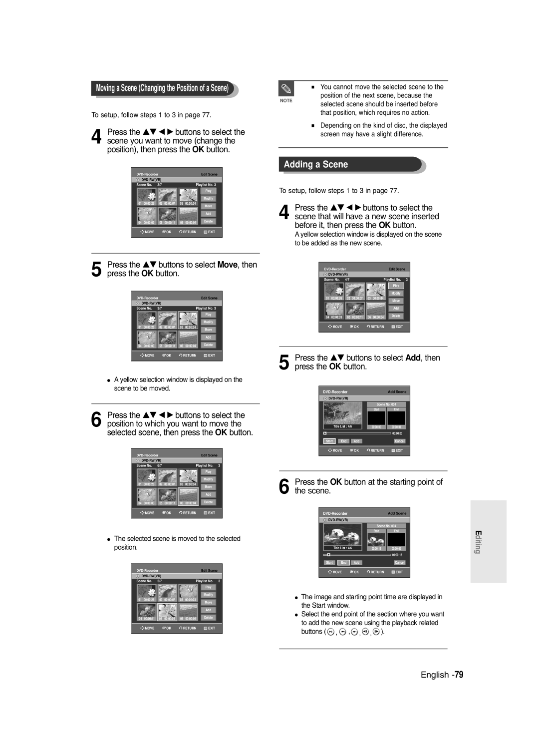 Samsung DVD-R135/EUR manual Adding a Scene, Press the …† œ √ buttons to select, Press the …† buttons to select Move, then 