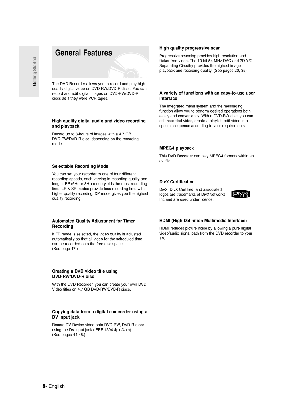 Samsung DVD-R135/XEH manual General Features, See pages, This DVD Recorder can play MPEG4 formats within an avi file 